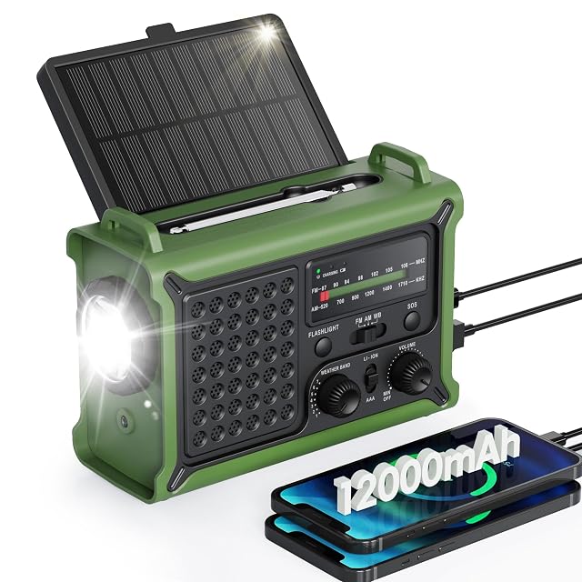 Emergency Weather Radio with Large Solar Panel Efficient Hand Crank Real 12000mAh Battery AM FM NOAA Bands LED