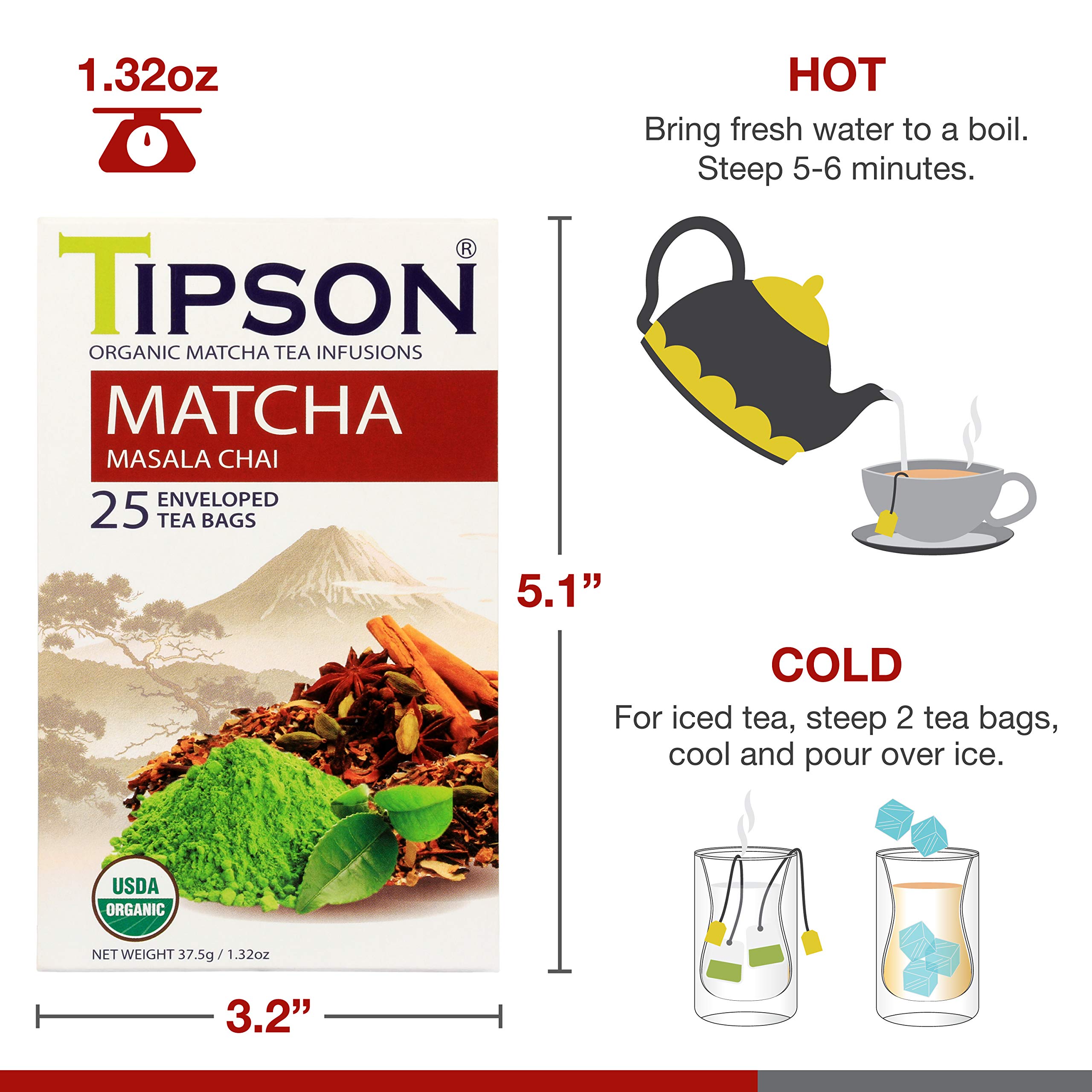 Tipson Organic Matcha Tea Infusions - Matcha Masala Chai - Non GMO and Gluten Free - 25 Premium — view 7
