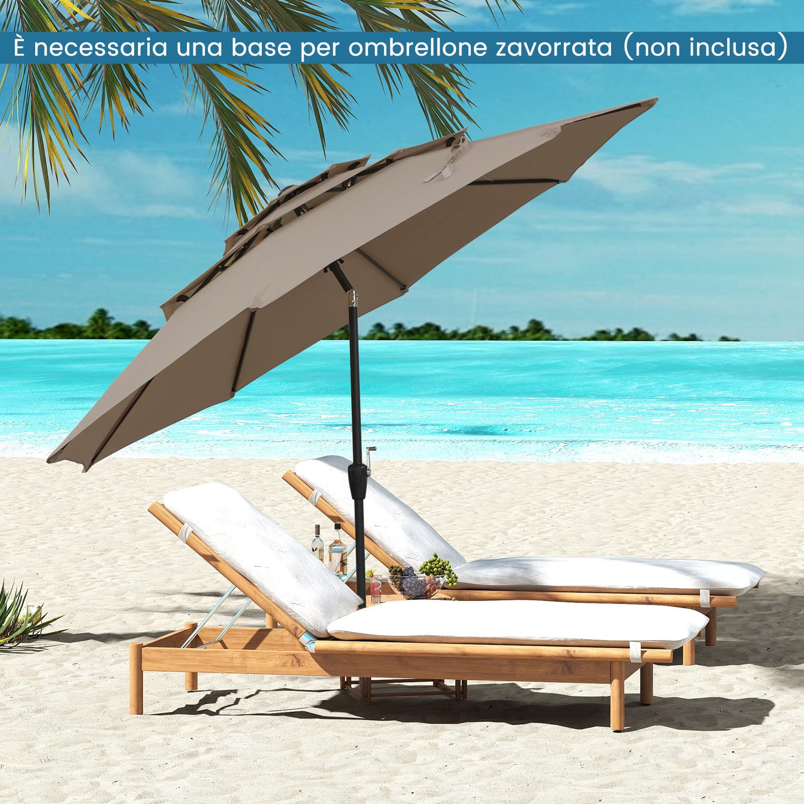 COSTWAY Ombrellone Giardino 300 cm, Ombrellone 3 Livelli con Ventilazione, Inclinazione Regolabile, Manovella, 8 Costole, per Giardino Spiaggia Piscina (Marrone)