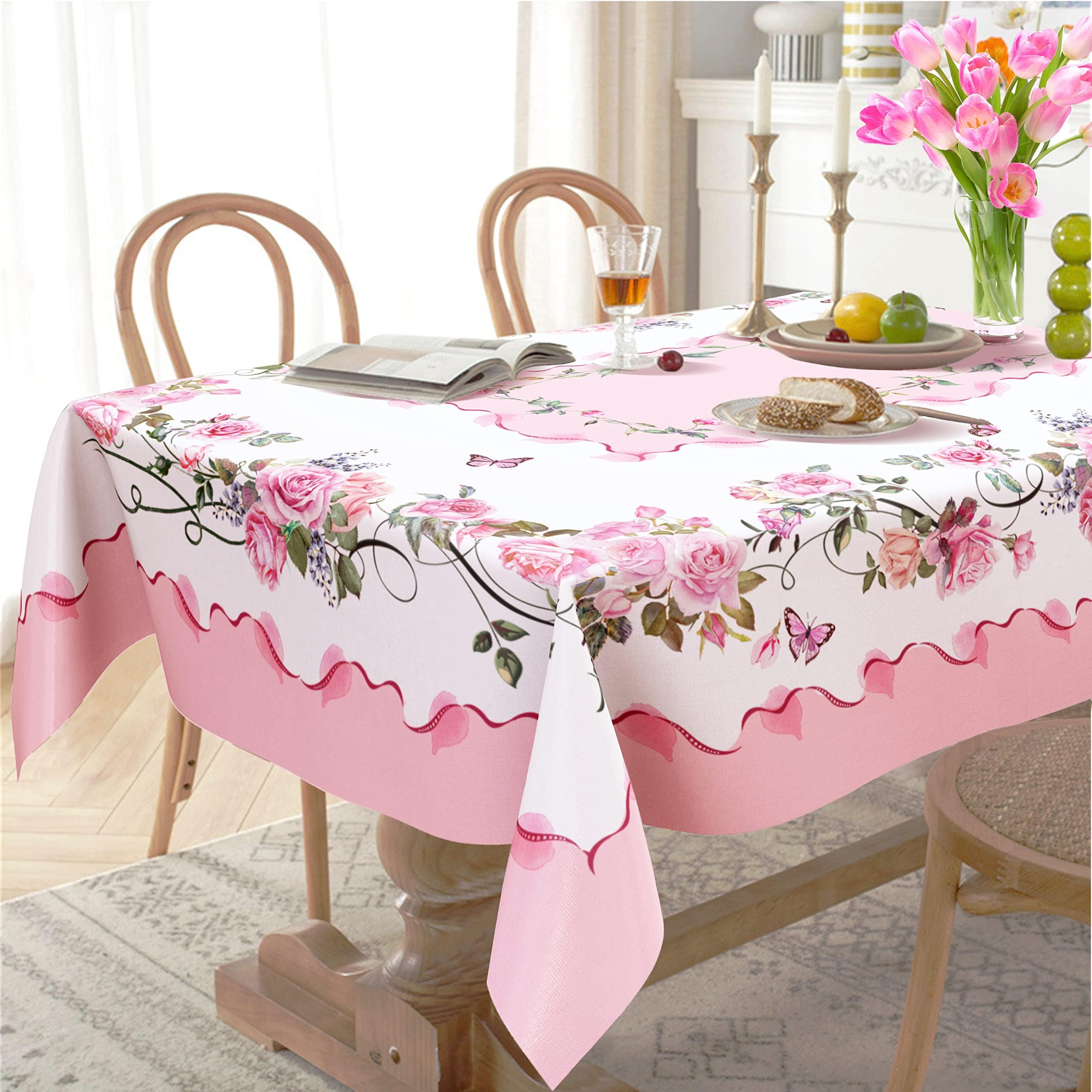 Yighty Pink Oval Tablecloth, Rose Flower Printed Tablecloth