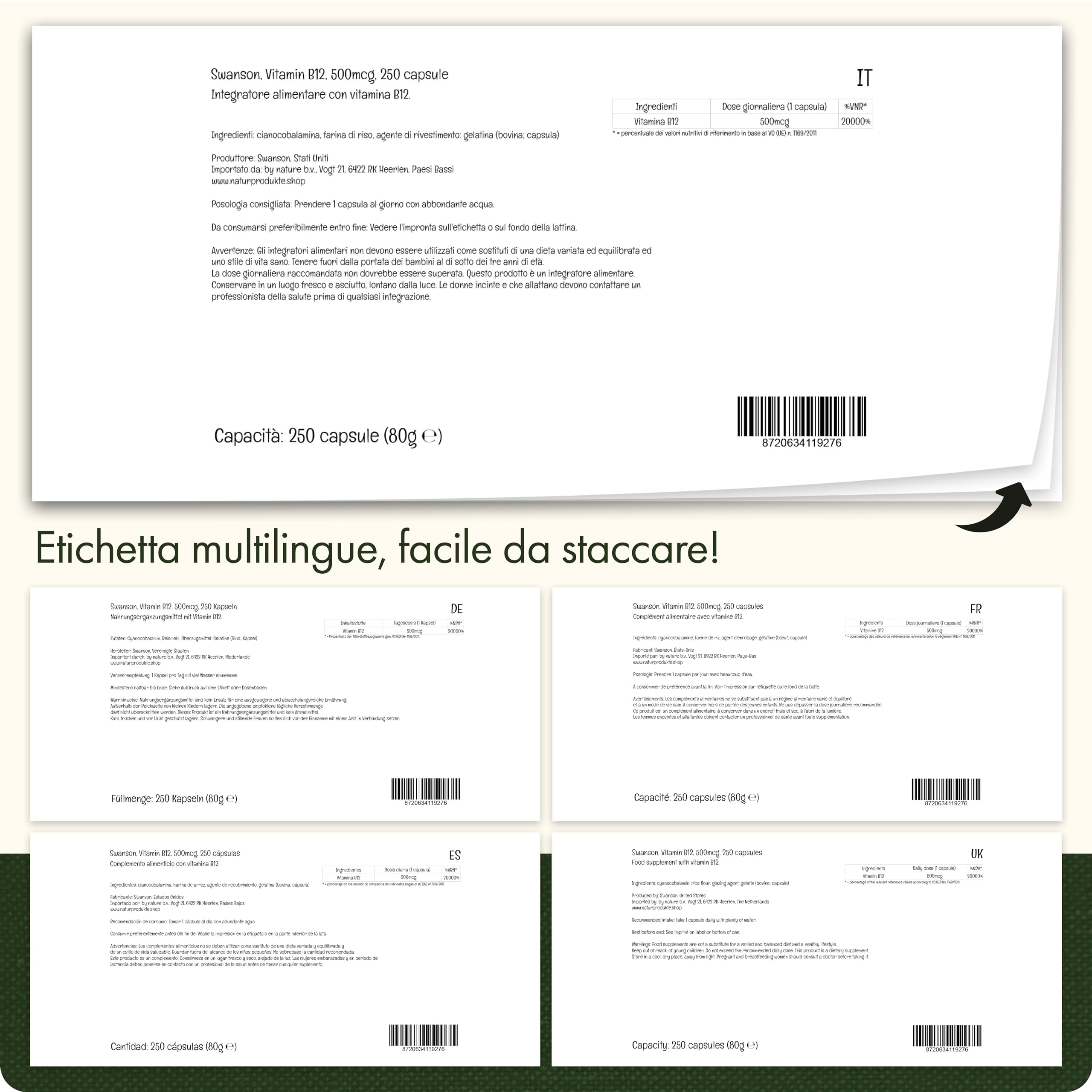 Swanson, Vitamina B12, Cianocobalamina, 500mcg, 250 Capsule, Altamente Dosato, Testato in Laboratorio, Senza Soia, Senza Glutine, Non OGM
