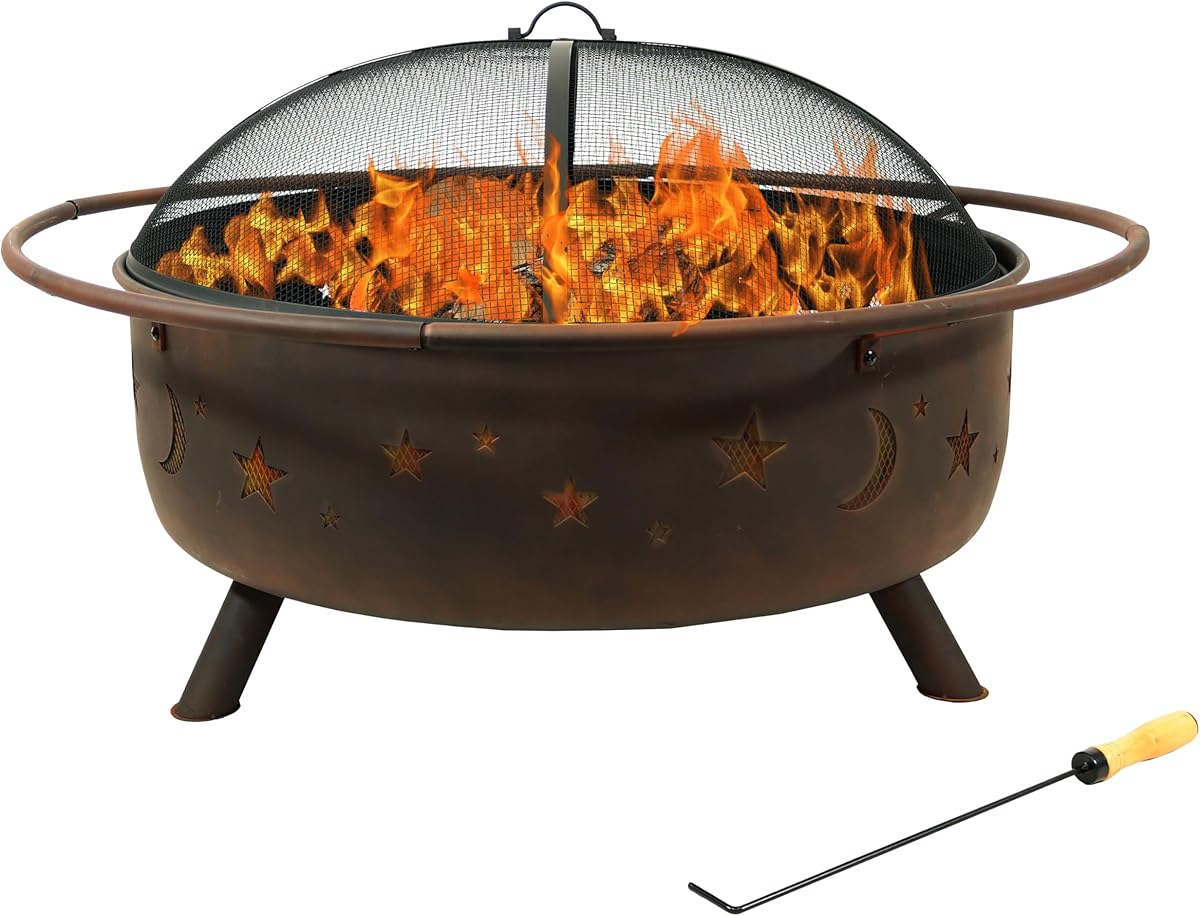Amazon.com : Sunnydaze Cosmic 42-Inch Large Outdoor Fire Pit - Wood-Burning Fire Pit with Round Spark Screen, Poker, and Built-in Grate