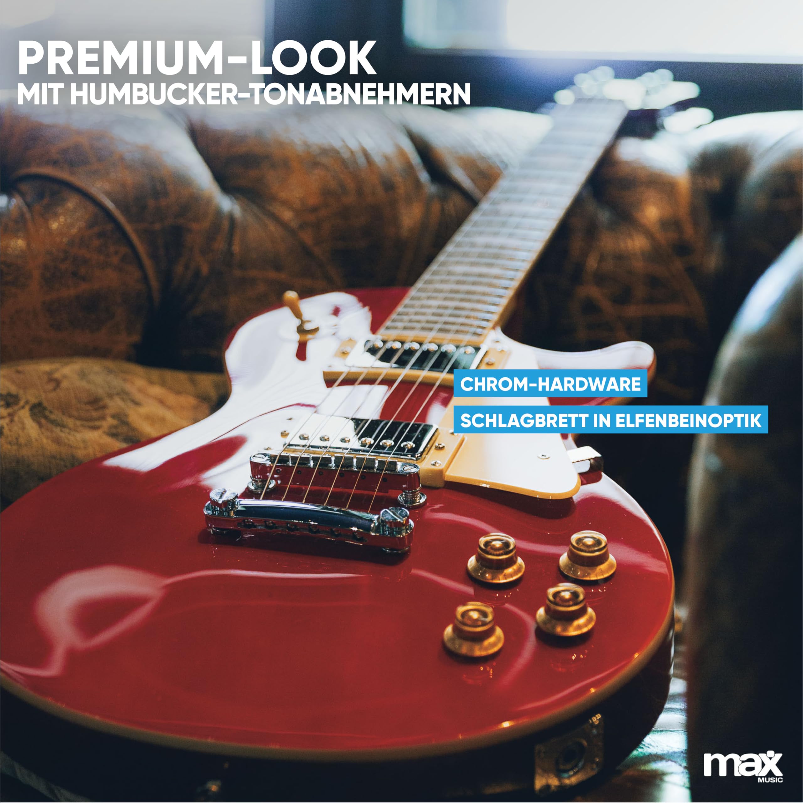 Max GigKit SC E Gitarre, E Gitarren Set mit Gitarrenverstärker, Tasche, Plektrum, Stimmgerät, Instrumentenkabel, Ersatzsaiten, Gitarrengurt, 22 Bünde - Rot