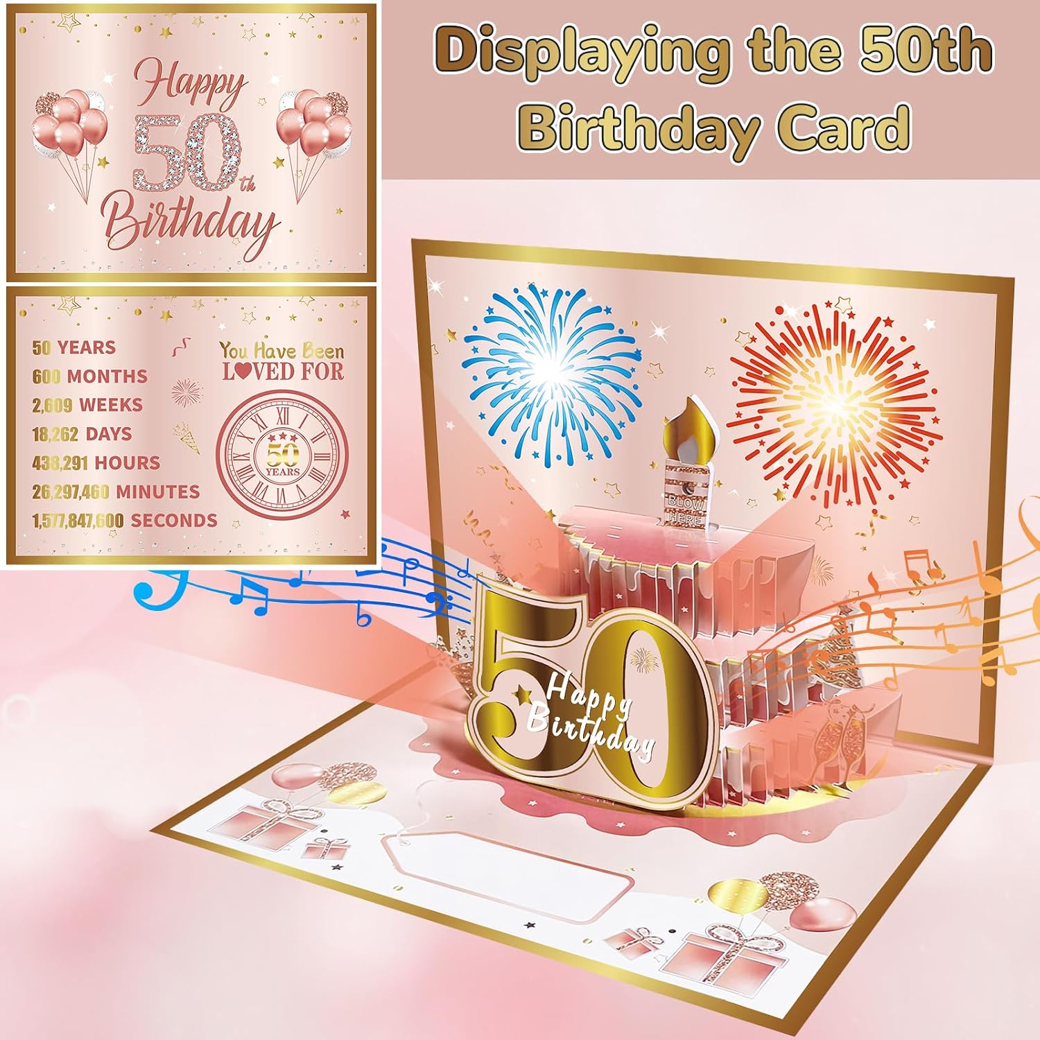 Turypaty Happy 50th Birthday Music Card Gifts Pop Up 3D Cake Firework Light image 3