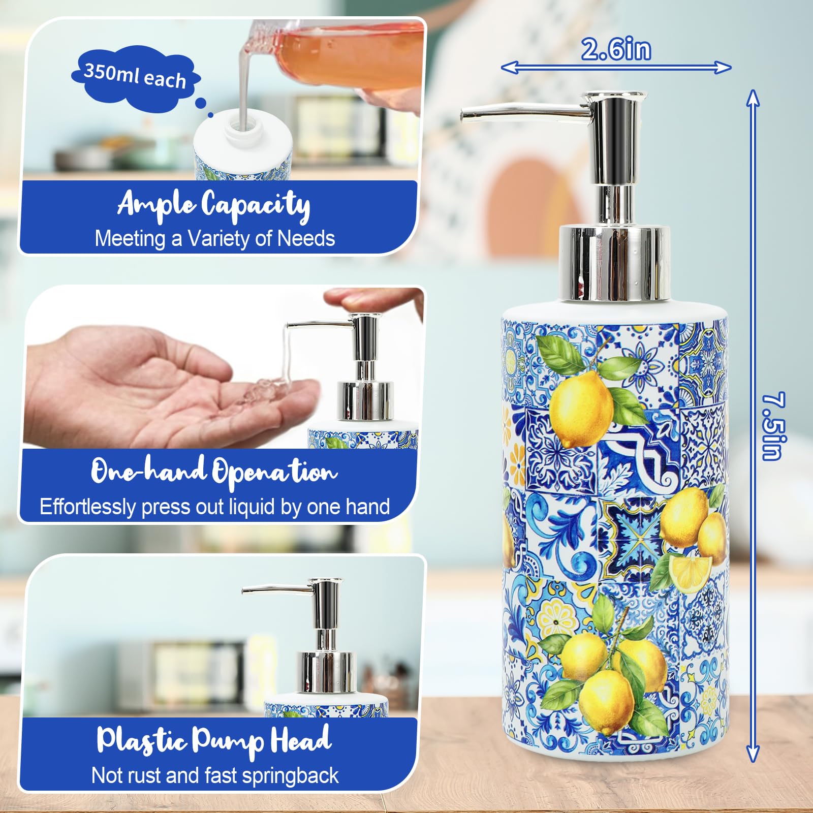 JarThenaAMCS Capri Zitronen-Seifenspender, Blaue Fliese, Gelb, Zitronenglasspender mit Pumpe, nachfüllbarer Flüssigseifenbehälter für Sommer, Zuhause, Küche, Badezimmer, Arbeitsplatte