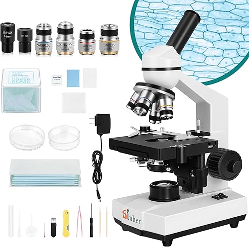 Sinher Microscopios monoculares compuestos de ciencia profesional XSP-104 40X-1600X para adultos estudiantes niños 8-12, con diapositivas de