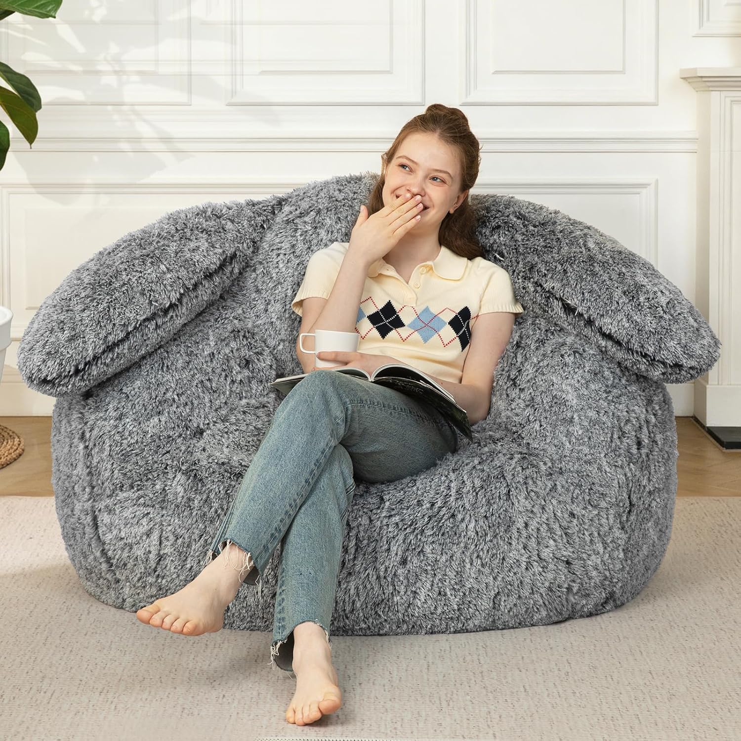 Achicsofar Bean Bag Chair for Adults Kids Giant Fluffy Plush Bean Bag Sofa with Filler Faux Fur Rabbit Shaped Beanbag Chairs Comfy Accent Floor Couch for Gaming, Reading in Bedroom, Living Room, Dorm