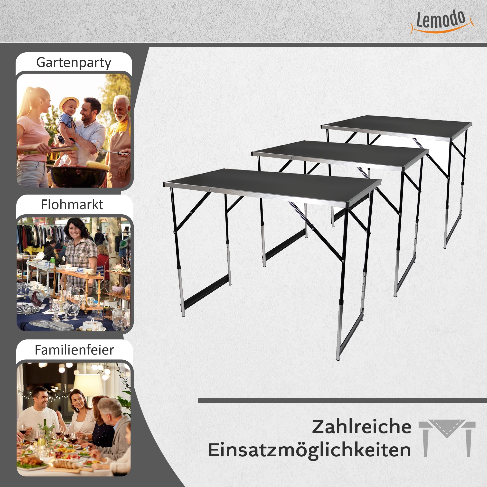 Lemodo Tapeziertisch 3-teilig klappbar – höhenverstellbarer Multifunktionstisch Aluminium mit verstärkter Tischplatte, Mehrzwecktisch als Malertisch & Flohmarkttisch, 3 m Arbeitsfläche, 50 kg je Tisch