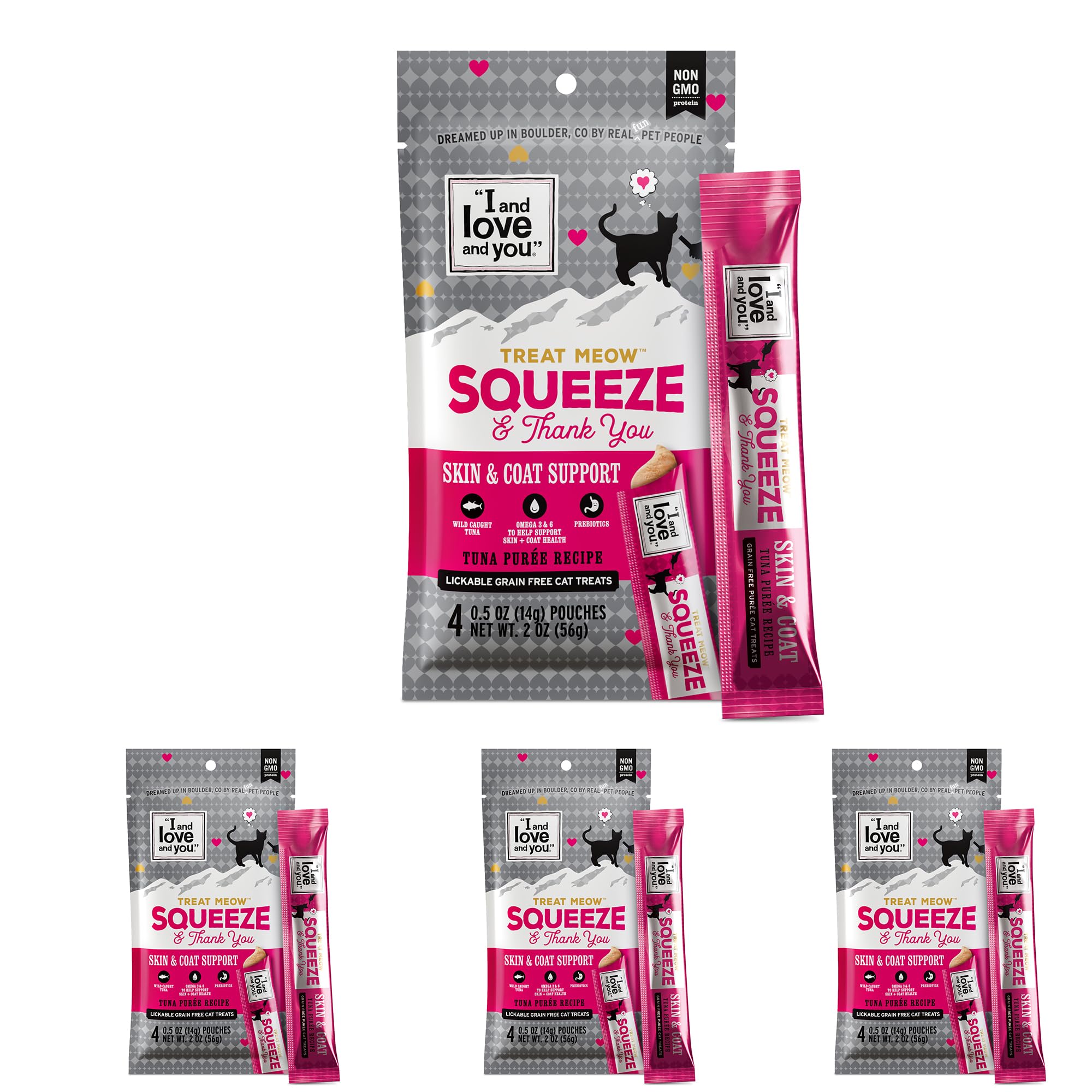 I and Love and You Treat Meow Lickable Cat Treats - Tuna Puree - Skin and Coat Support, Squeeze Treat, Omega 3s, 0.5oz, 4ct