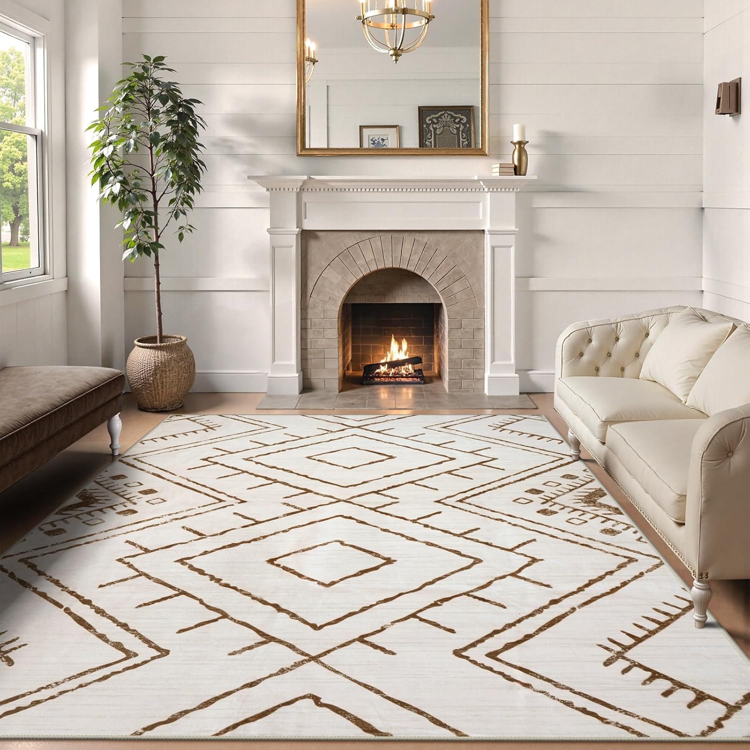 LIVEBOX Moroccan 8x10 Area Rug, Beige Washable Rugs for Living Room Bedroom, Non Slip Western Tribal Rug Low Pile Geometric Large Area Rugs Diamond Carpet for Dining Room, Nursery Room, Playroom Boho 8‘ x 10' Beige/Brown