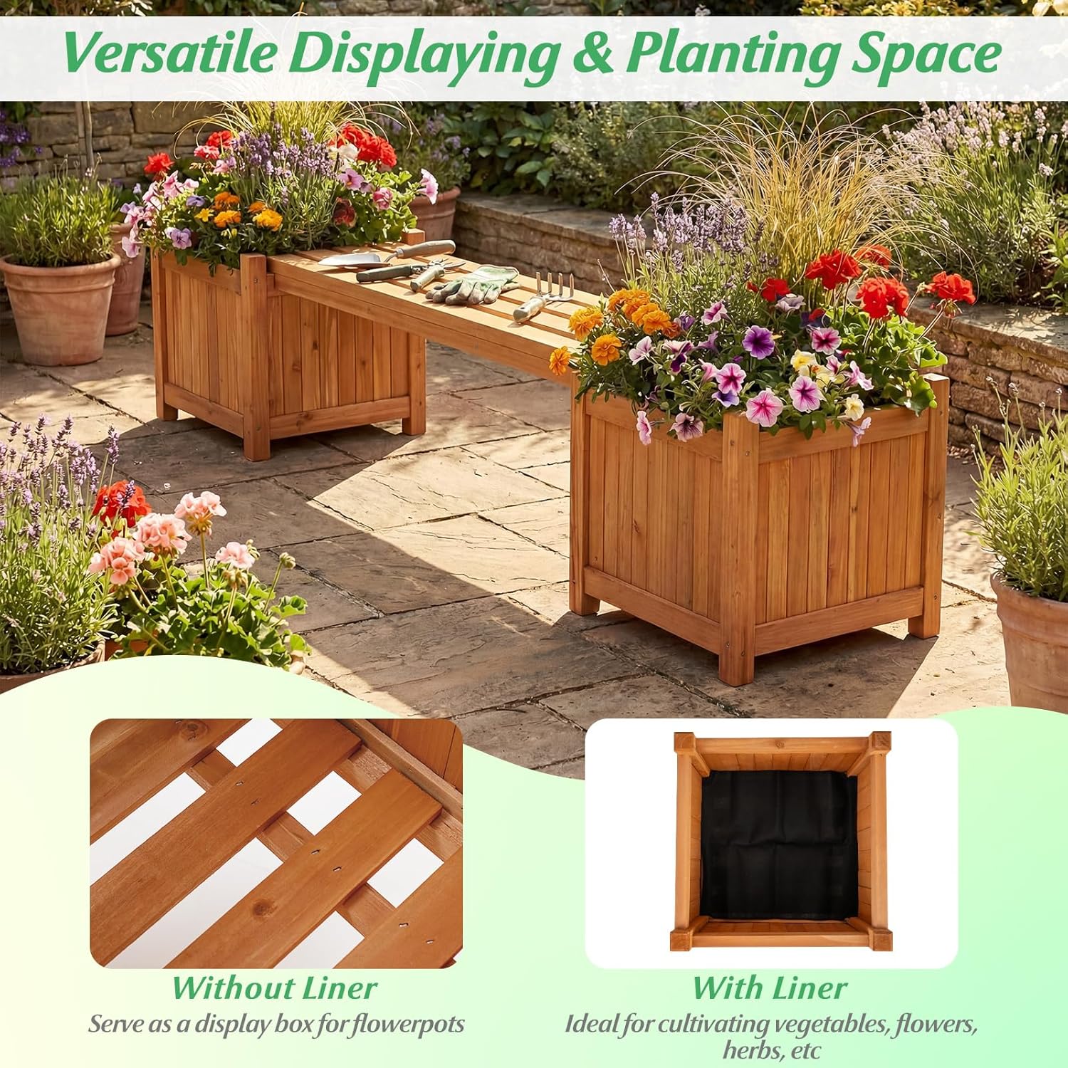HAPPYGRILL 2-in-1 Outdoor Bench with 2 Raised Garden Beds, 2 Person Patio Bench with Teak Oil Finish, Open-Ended Base, Wooden Garden Bench for Flowerpots, Indoor Patio Yard Porch Decoration (1)