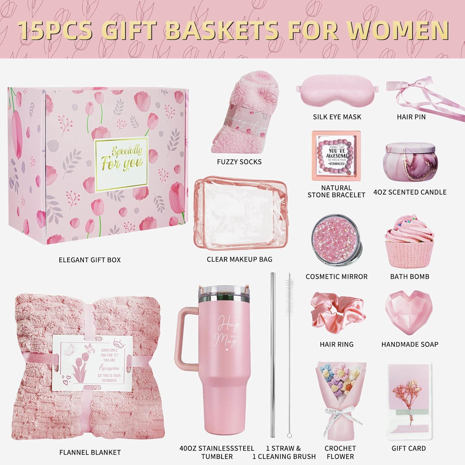 15PCS Birthday Gifts for Women, Relaxing Spa Basket With Luxury Flannel Blanket and 40 oz Tumbler - Care Package for Her, Mom, Wife, Friends - Valentine's, Mother's Day, Christmas - Image 2