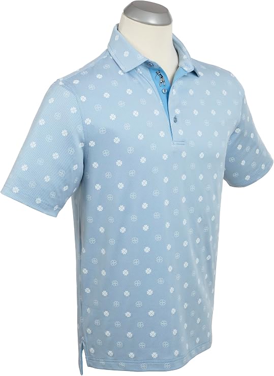 Bobby Jones Mens Short Sleeve Clover Print Performance Golf Polo Shirt (Size Small - 3XL) (US, Alpha, 3X-Large, Regular, Regular, Sky Blue)