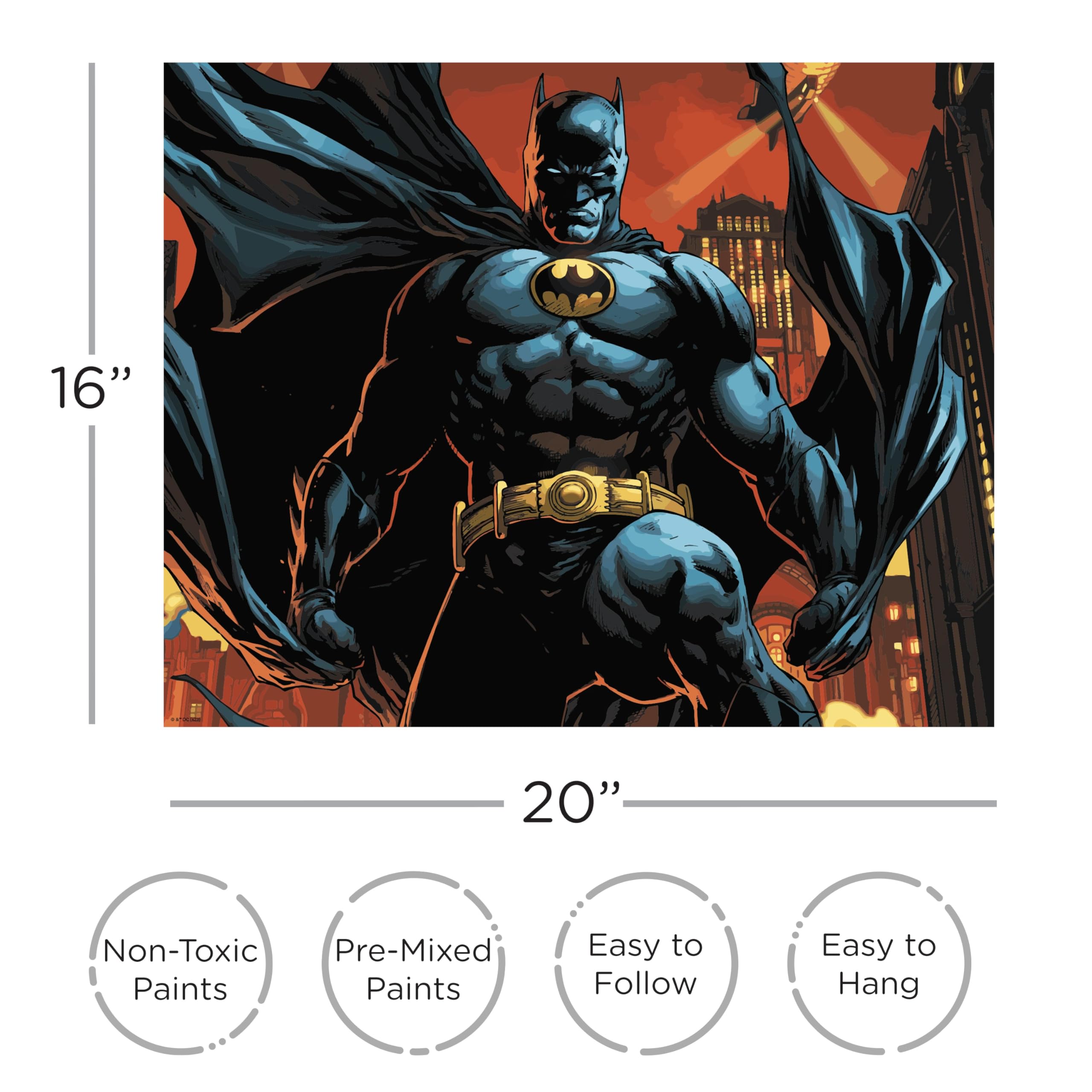 AQUARIUS Batman Art By Numbers Malset (40,6 x 50,8 cm gespannte Leinwand), 24 Farben, 3 Pinsel, fertig zum Aufhängen, offiziell lizenziertes DC Comics Sammlerstück – 40,6 x 50,8 cm