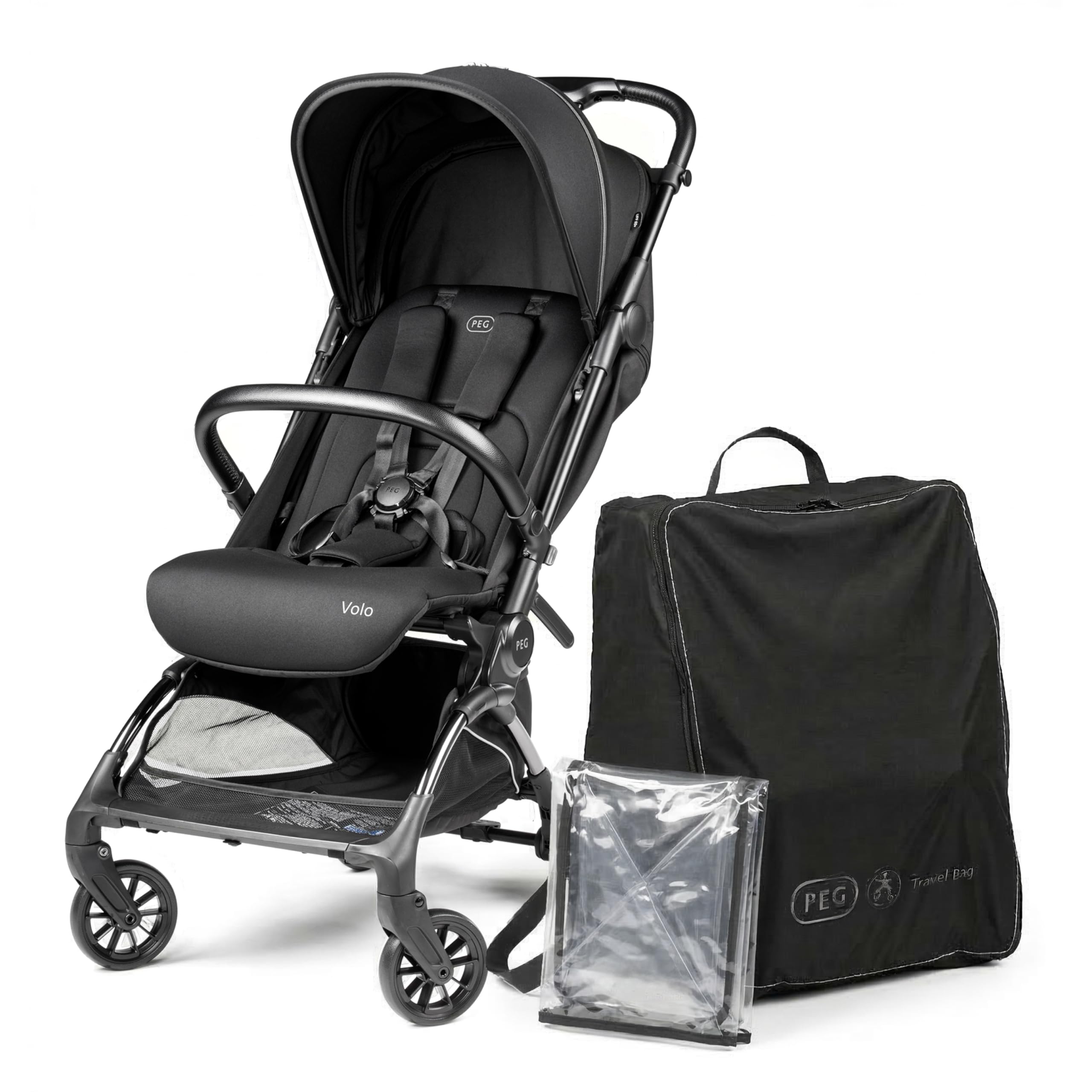 PEG Leichter Buggy Volo mit Regenschutz, Handgepäckgröße, Flugzeuggeeignet, Kompakt, Ab Geburt bis 22 kg, Reisetasche Inklusive, True Black