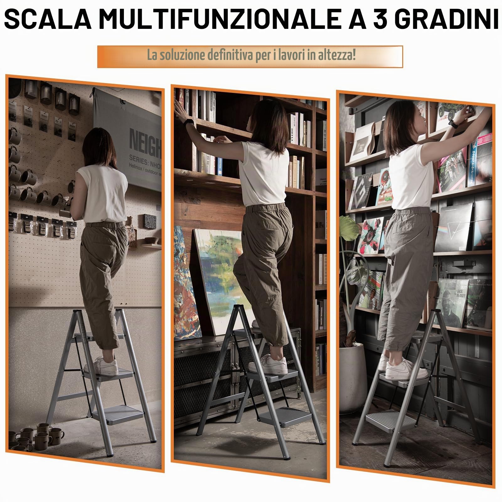 XinSunho Scala a 3 Gradini, Scaletta Pieghevole, Scaletto Domestica con Gradini Antiscivolo, Leggera e Compatta, Carico 150kg, Scaletto Portatile in Acciaio, Grigio