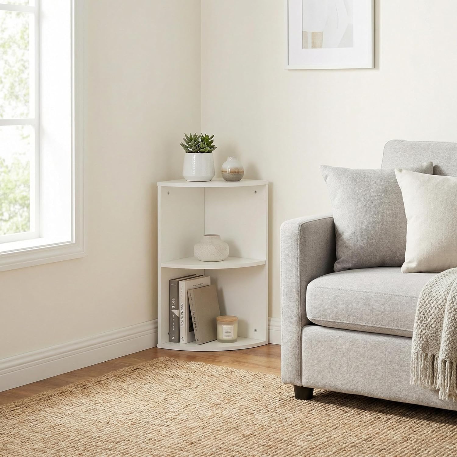 FurnitureR Corner Open Shelf, Stackable Corner Bookshelf, Space Saving Storage Shelf Organizer, Corner Wall Shelf, Small Wooden Bookcase, 2-Tier Corner, 9.5 x 9.5 x 20.9 inches (L x W x H), White