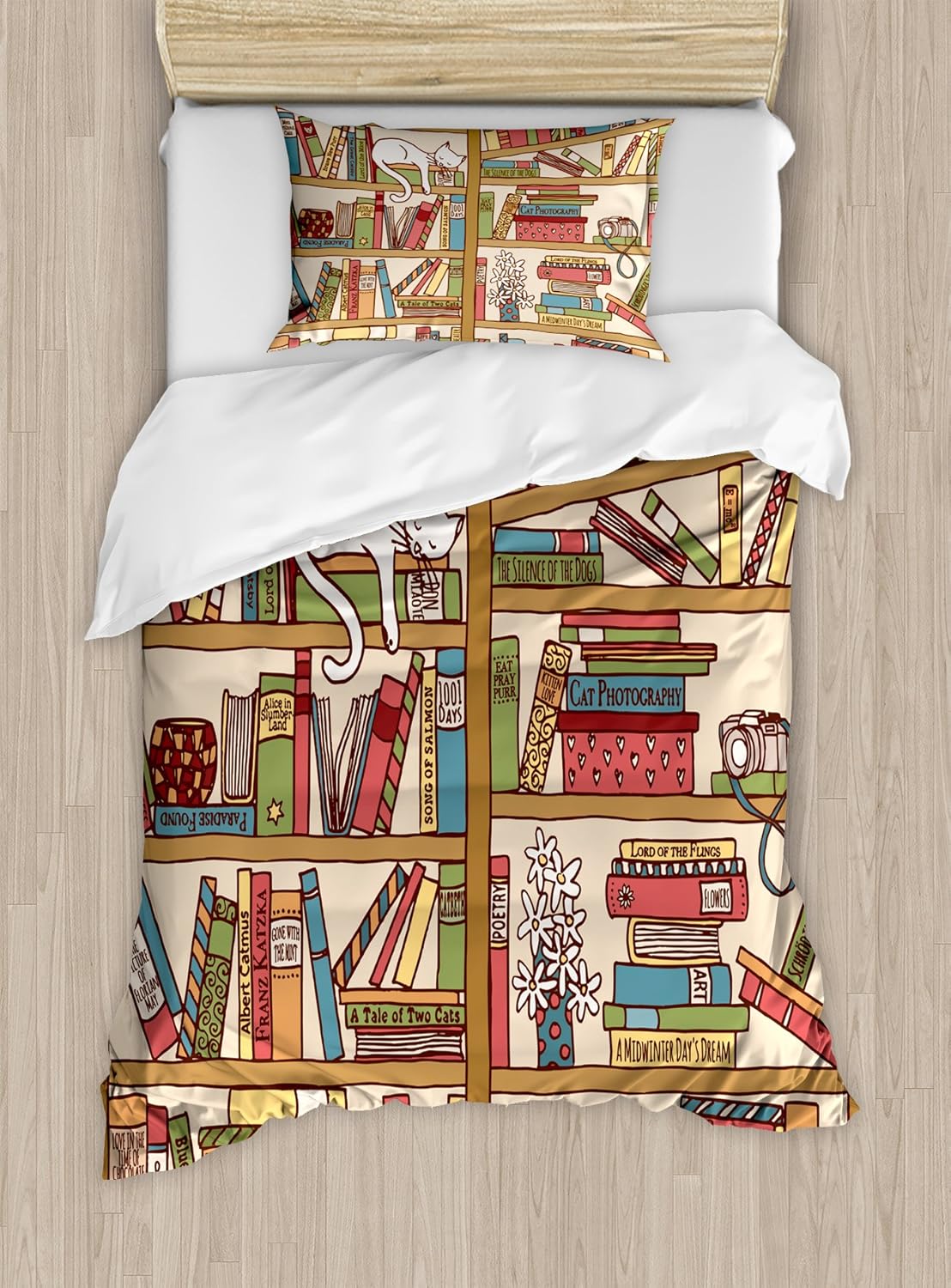 Ambesonne Cat Duvet Cover Set, Nerd Book Lover Kitty Sleeping Over Bookshelf Library Academics Feline Boho Design, Decorative 2 Piece Bedding Set with 1 Pillow Sham, Twin Size, Brown Pink