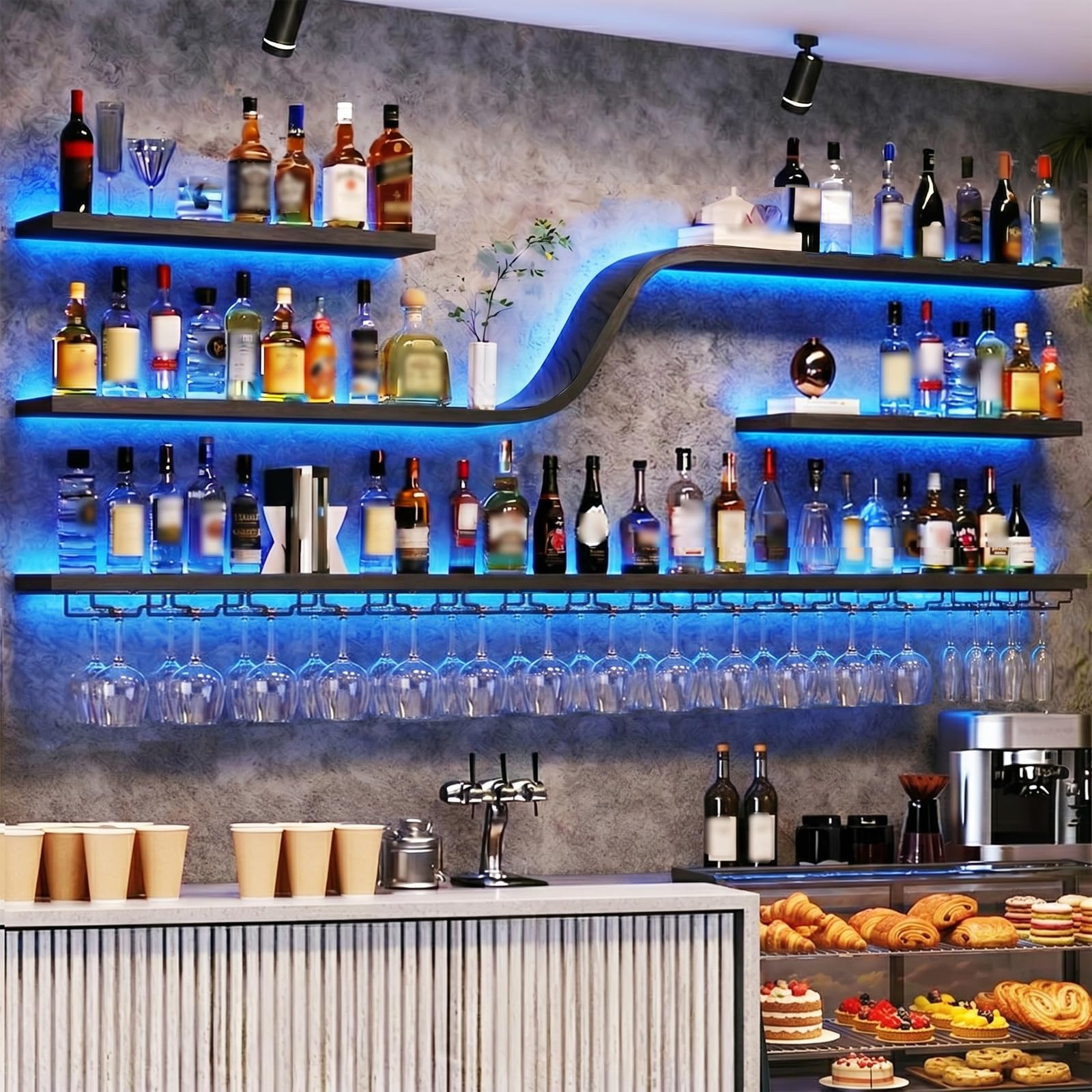 Botellero de Vino Montado en la Pared con Luz LED, Estantes de Vino Decorativo de diseño curvo moderno, 3 Niveles Estante para Exhibición De Vinos, para Bar doméstico, Cocina, Catering (negro, 150cm)