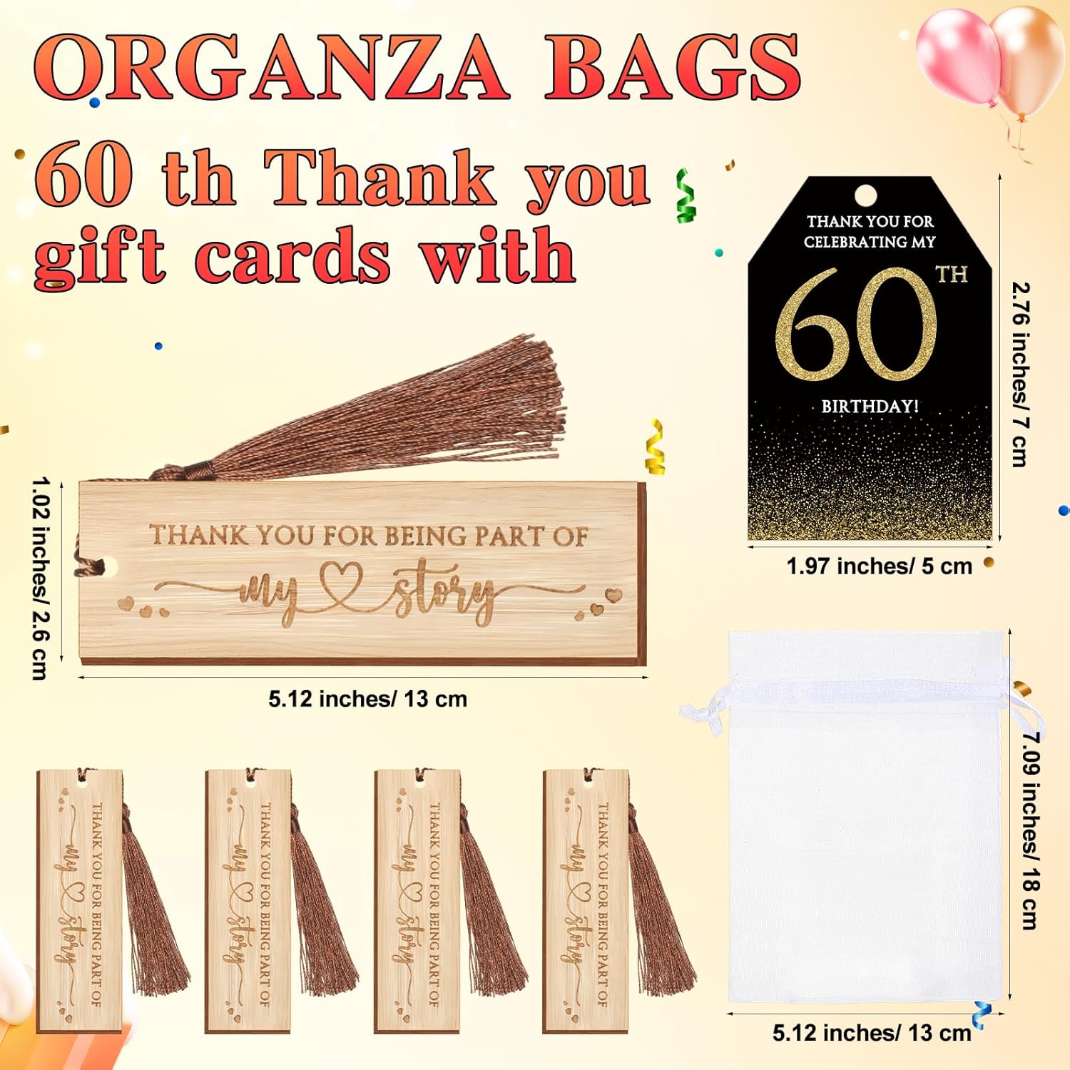 25 Sets Birthday Favors for Guests 25 Thanks for Coming Bamboo Pens 25 Wooden Bookmarks 25 Cards with Organza Bag for Adult Birthday Wedding Anniversary Party Souvenir(60th) - Image 3