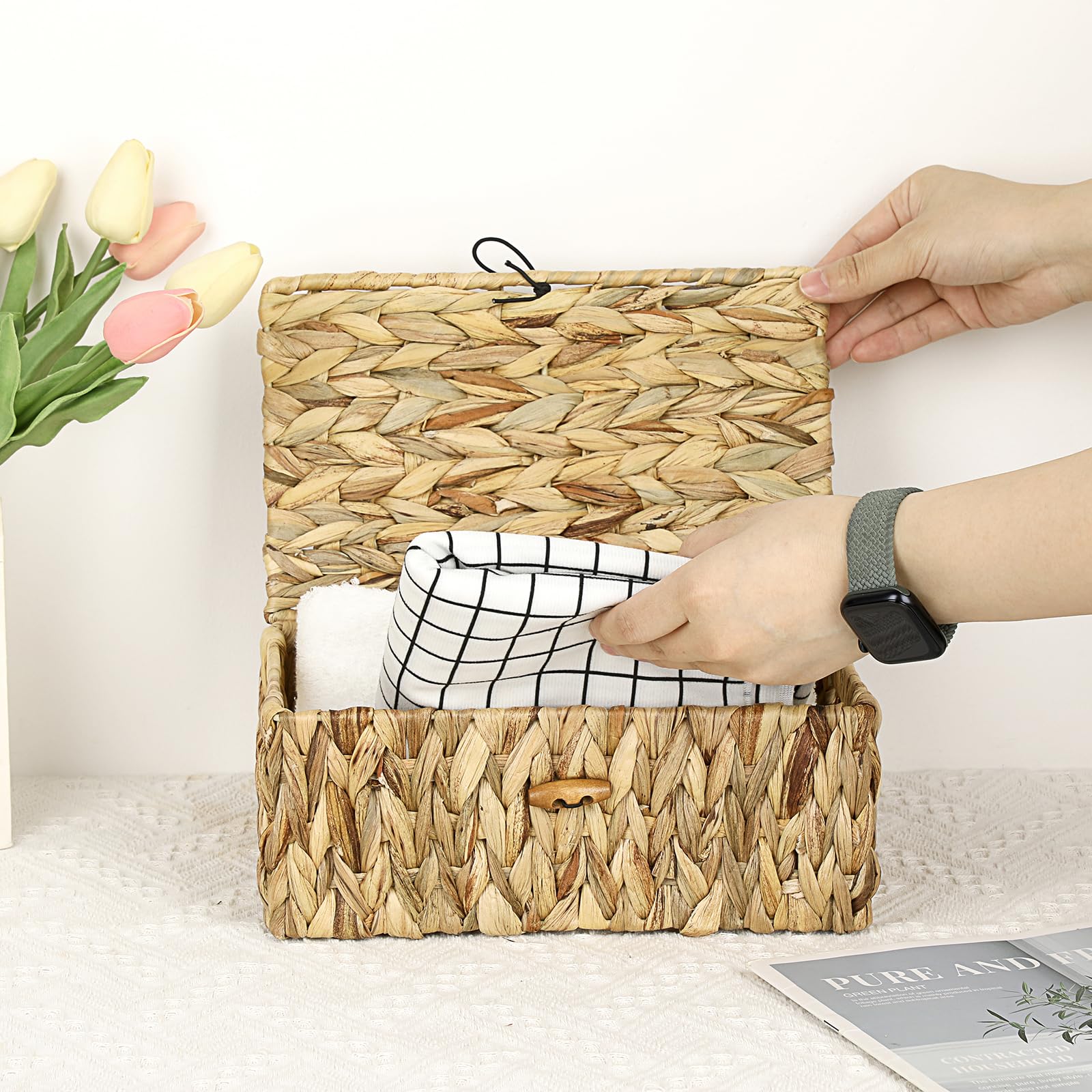 Cesta De Almacenamiento De Jacinto De Agua Tejida A Mano - Con Tapa, Tamaño 40x28x19 Cm, Impermeable, Ideal Para Armario, Cocina O Baño