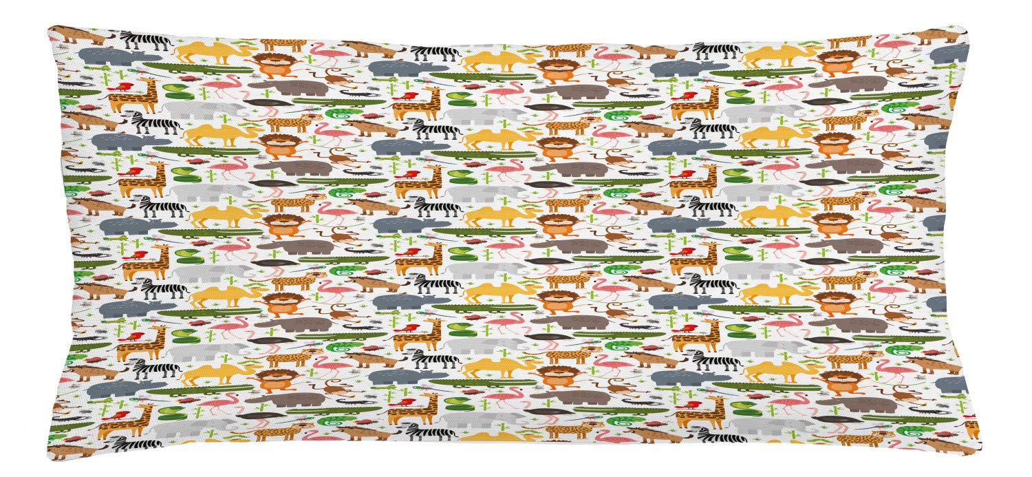 Lunarable Savannah Throw Pillow Cushion Cover, Cartoon Style Animal Pattern Savannah Themed Lions Tigers Flamingos Funny Print, Decorative Square Accent Pillow Case, 36