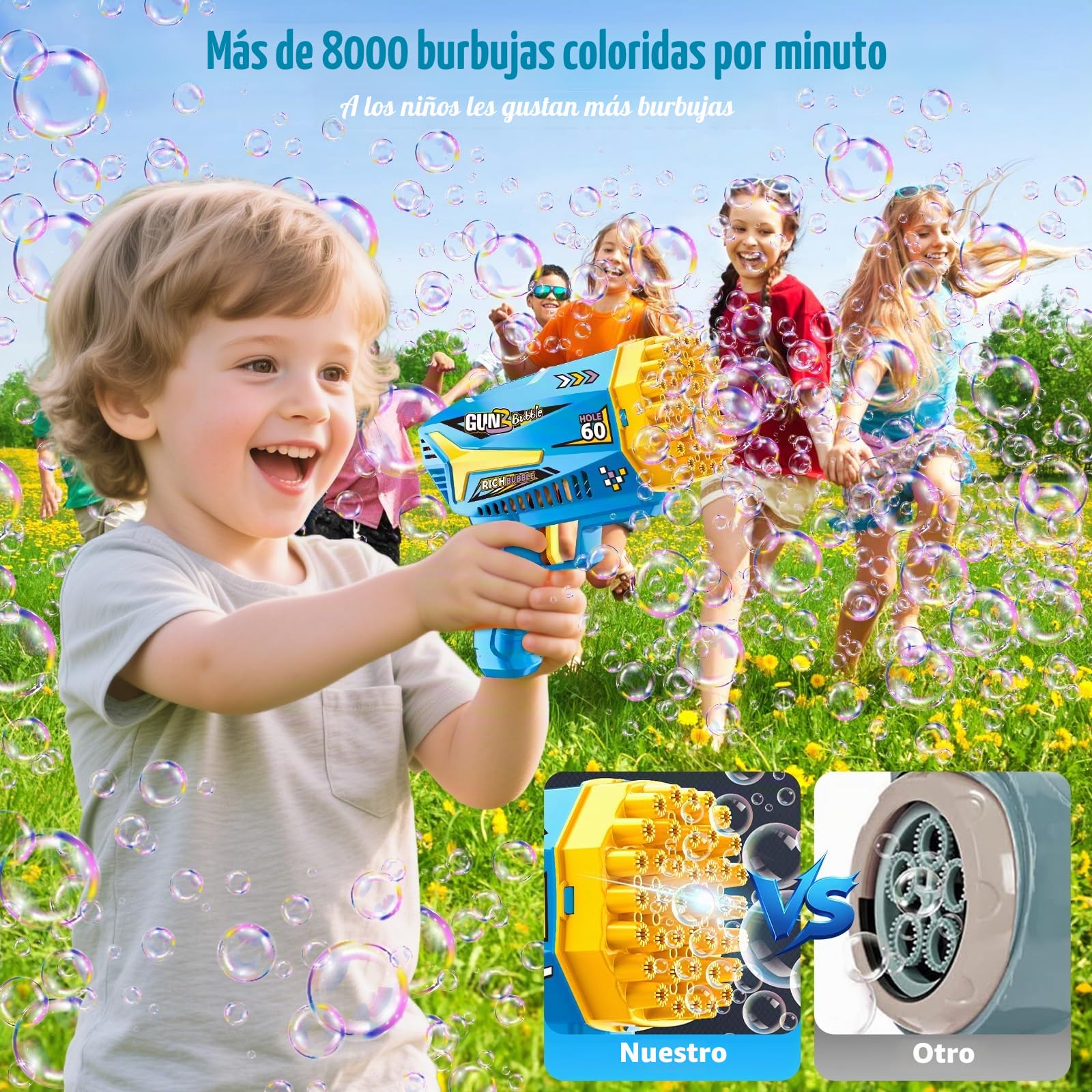 Pistola de Burbujas, 2 Piezas Máquina Automática Pompas de Jabón, con 4 Botellas de solución, 10 Packs Solución de Recarga de Burbujas, para Niños, Adultos, Juguete de Verano