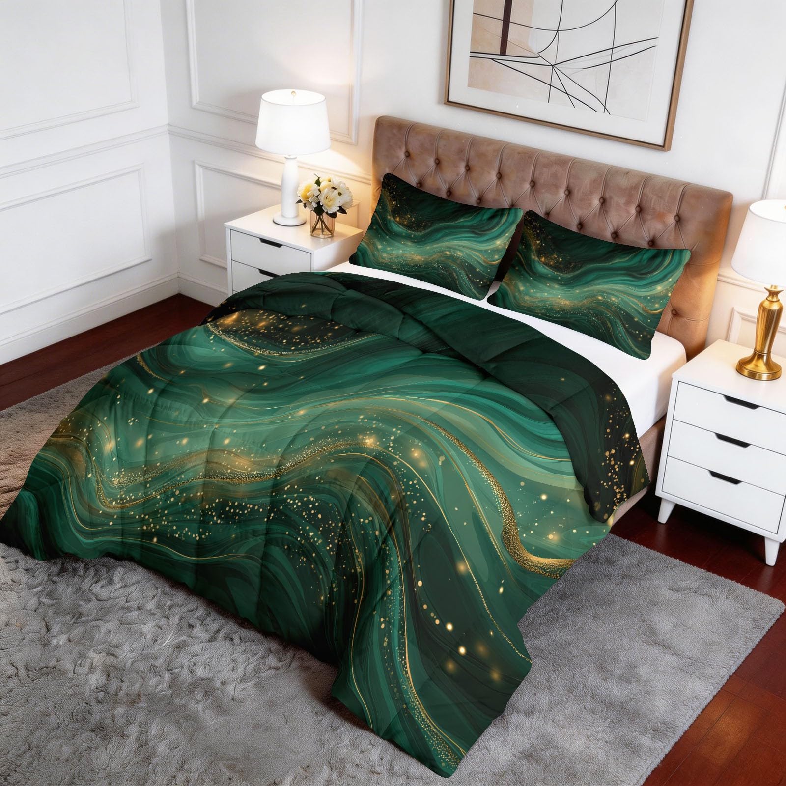 Bettdecke ohne Bezug 155x220cm, 4 Jahreszeiten Abstrakte Linien Wirbel Grüner Marmor Steppdecke mit 2 Kissenbezug - Warme Weiche Atmungsaktive Schlafdecke Waschbar Ganzjahresdecke - Dunkle Farbe