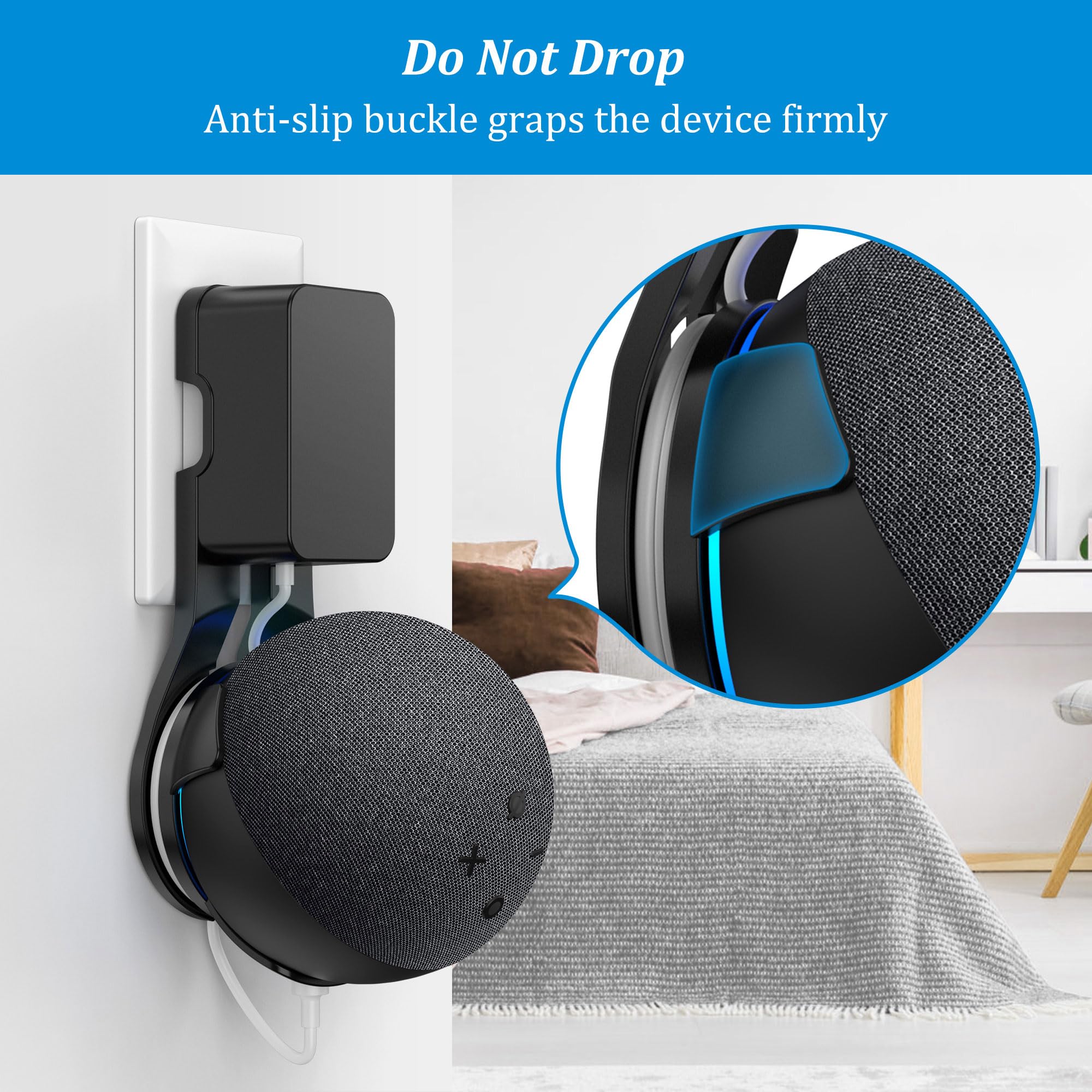 PlusAcc Steckerhalterung für Dot 5 Gen und Google - Wandhalterung mit integriertem Kabelmanagement zum Verstecken der Kabel, Steckdosenhalterung für Wohnzimmer, Schlafzimmer und Küche (Schwarz)