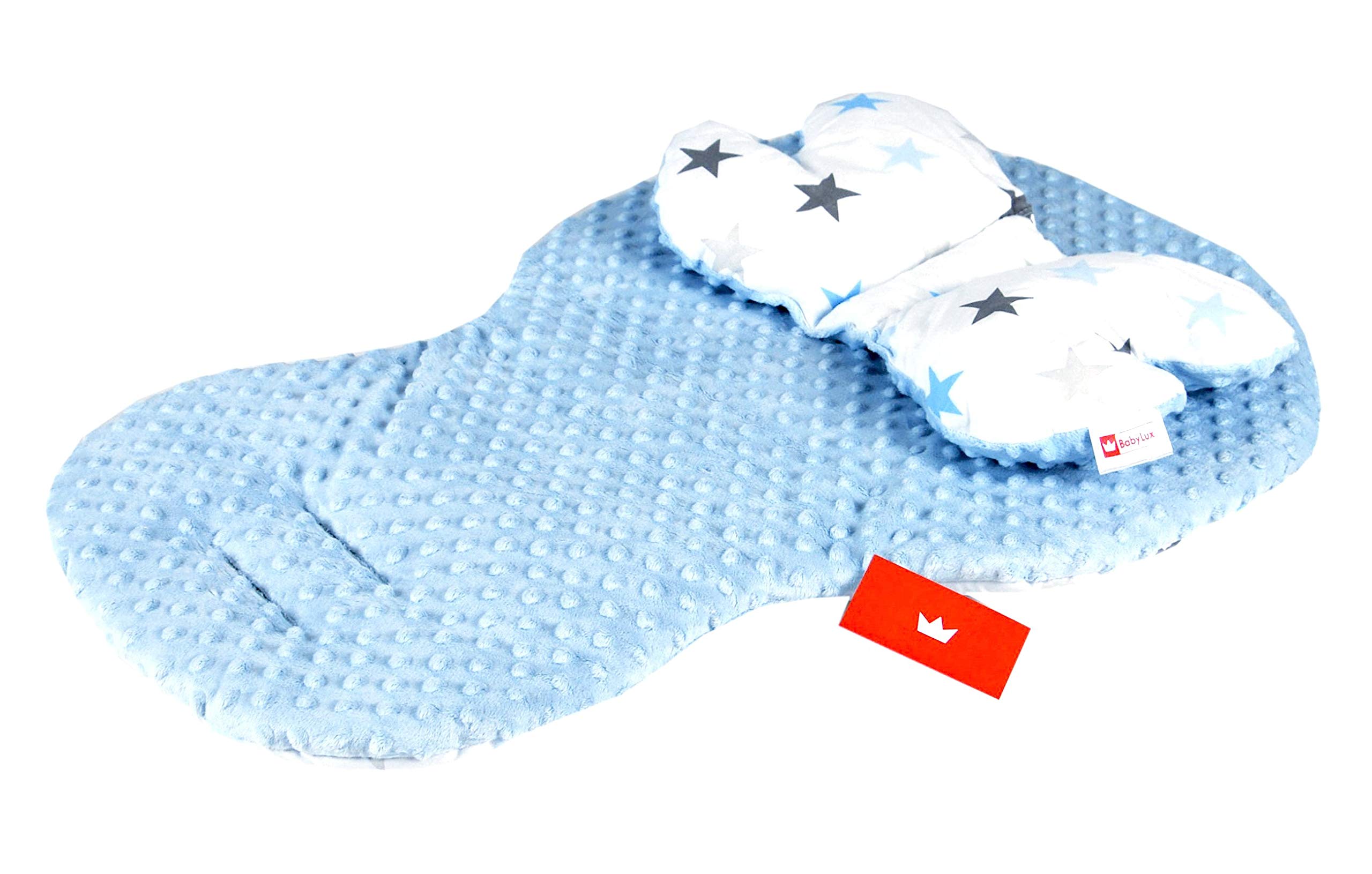 BABYLUX Kinderwagen SITZAUFLAGE Kissen Gurtschoner f. Buggy Autoschale Einlage (4. Blau + Sterne, 3 Tlg Sitzauflage + Kissen + Gurtpolster)