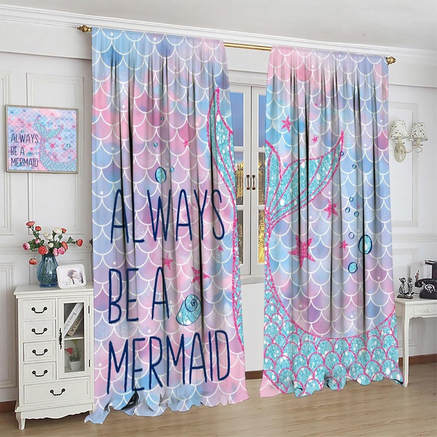 Mermaid Curtains for Kids Girls Bedroom,Fairytale Cute Fantasy Ocean Animal Starfish Window Treatments for Baby Nursery Living Room Study Window Drapes 2 Panels Set,Total Size 72" x 63"