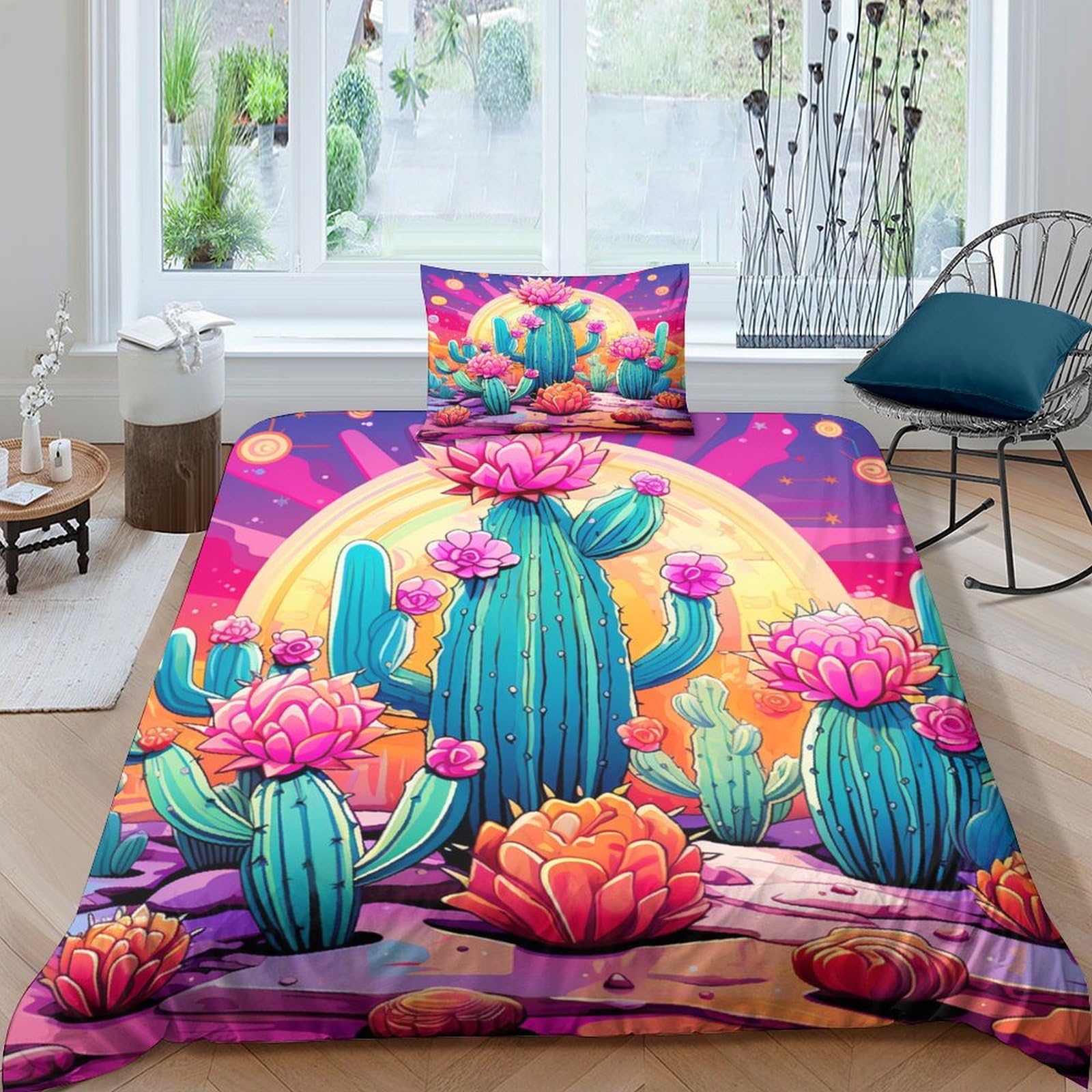 Housse de couette cactus 3D en microfibre lit simple avec 2 taies d'oreiller