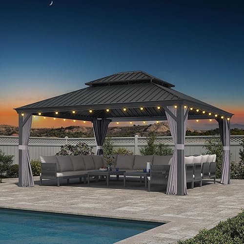 Miniatura 19 de PURPLE LEAF Gazebo grande para exteriores de 12 x 24 pies con acero galvanizado y luz para césped y jardín, glorieta permanente de techo duro, color