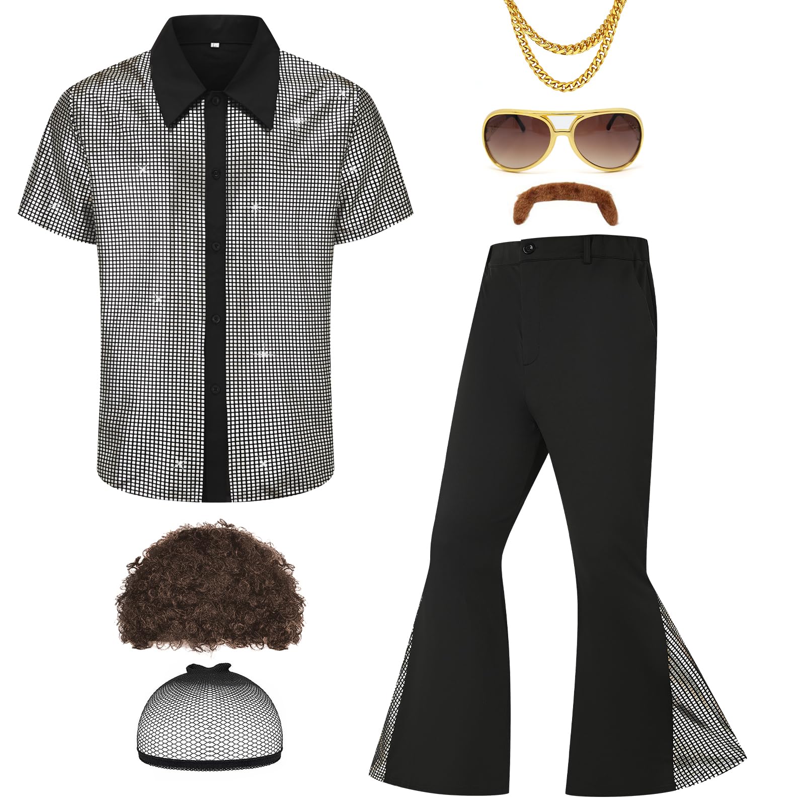 Ezuwail Men's 70s Disco Outfit Costume 60s Short Sleeve Shirts Bell Bottom Pants Wigs Necklace Moustache Sunglasses 7Pcs Silver โ image 1