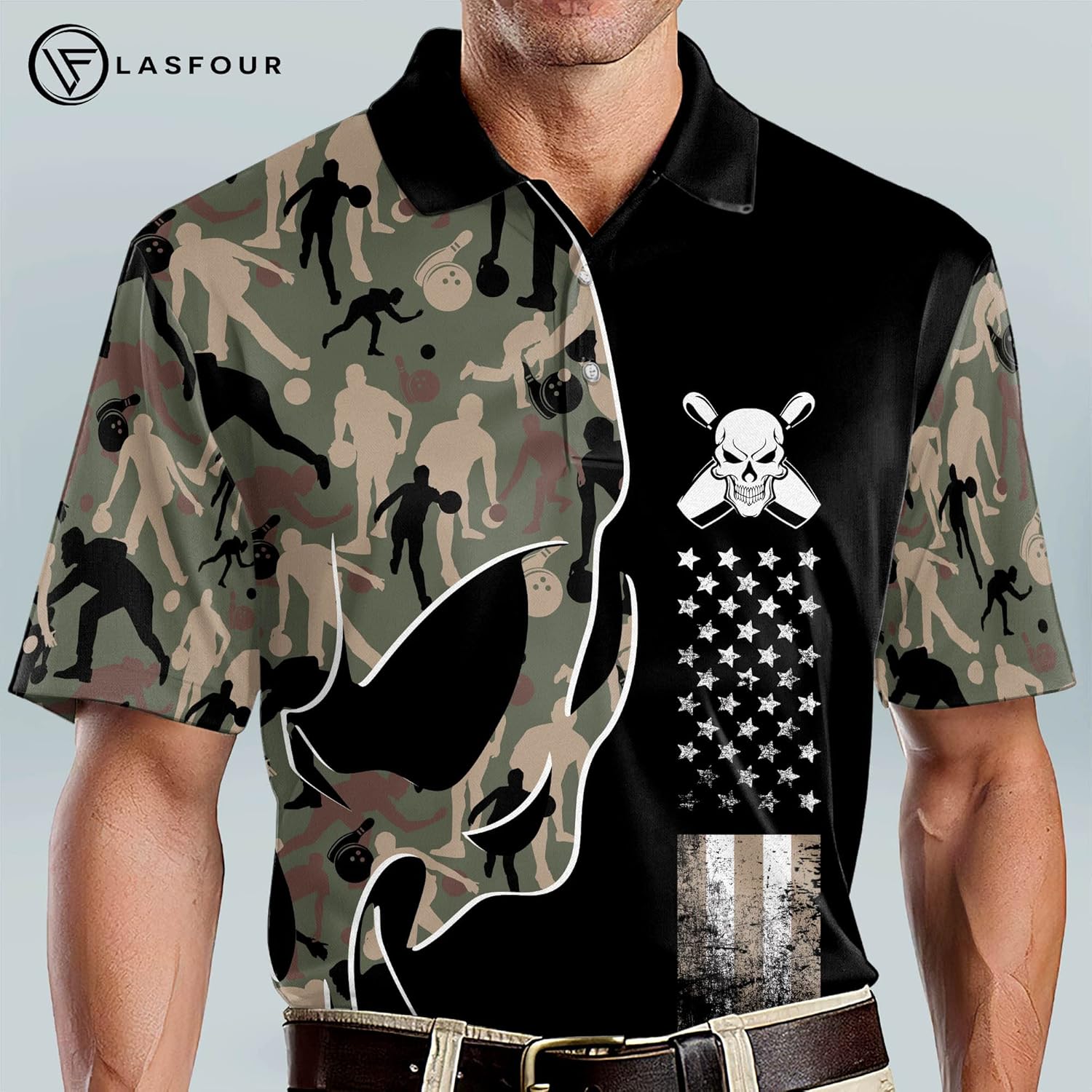 LASFOUR Custom Skull Bowling Shirts with Name, USA Camouflage Bowling Jerseys for Men Short Sleeve, Mens Bowling Team Shirts