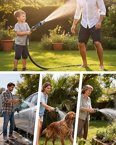 Miniatura 7 de Manguera de jardín de 100 pies, manguera de agua ultraligera para todo tipo de clima, duradera y flexible, válvula integrada, conexiones sin fugas,