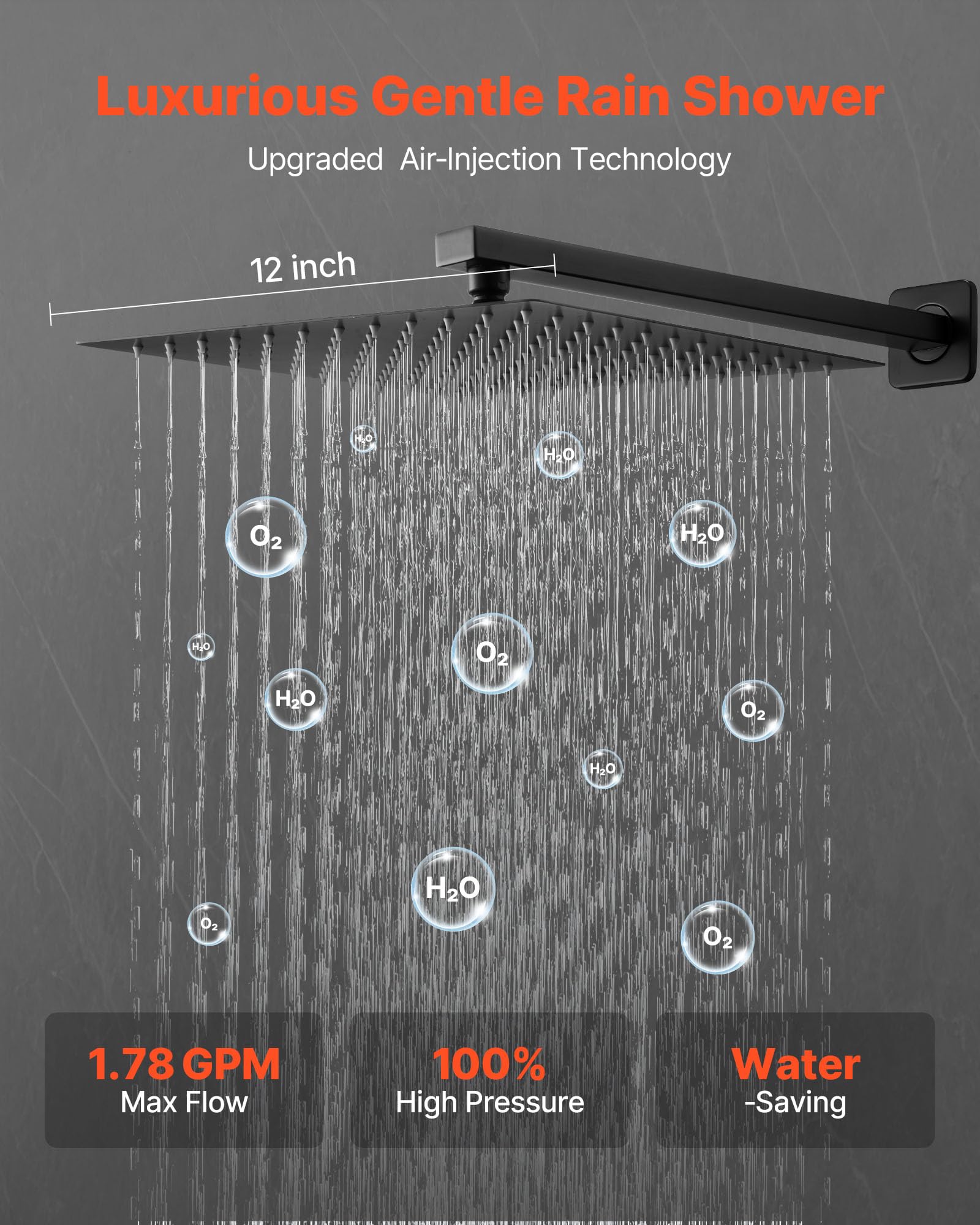 VEVOR Set Doccia, Flessibile Sistema Doccia a Pioggia per Bagno con Soffione Quadrato da 30,5 cm e Doccetta, Accessori per Vasca da Parete con Valvola in Ottone e Kit di Finitura, Nero Opaco