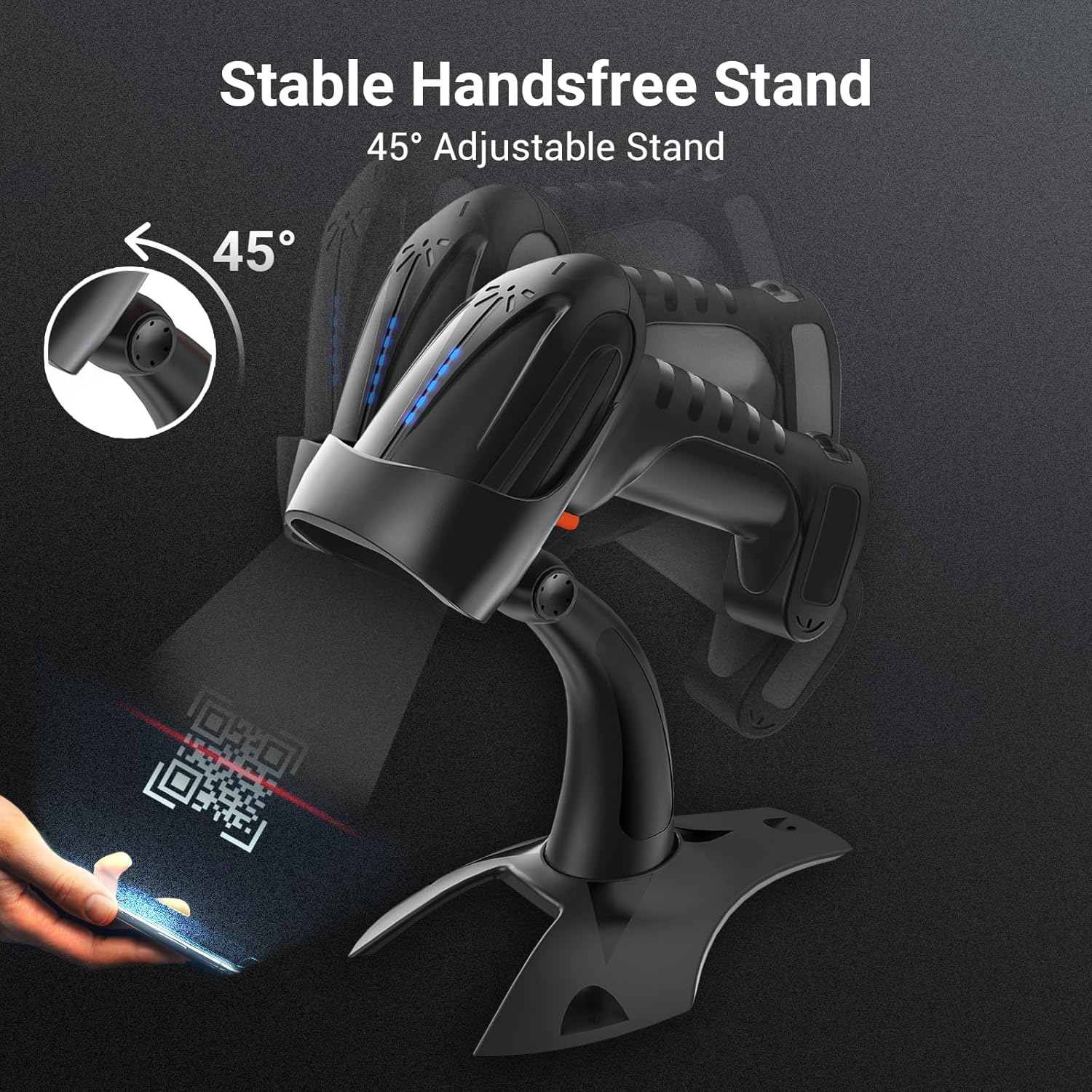 Tera Barcode Scanner Wireless 2D QR with Stand: Pro Version Battery Level Indicator 2500mAh Industrial Grade Bar Code Reader 3-in-1 Works with Bluetooth 2.4G USB Wired 8100 Black