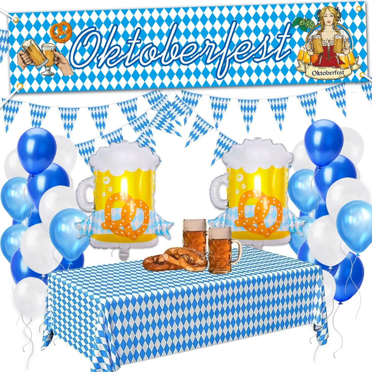 Oktoberfest Deko Set Komplett – 10 M Wimpelgirlande, 2 Willkommensbanner, Tischdecke & 12 Luftballons Für Bierfest-Party