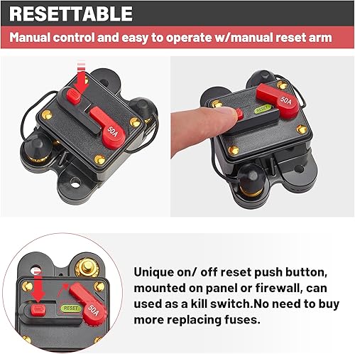 Miniatura 5 de RED WOLF Disyuntor de 50 A + 200 amperios para motor de arrastre de barcos, vehículos de remolque cuatrimotos marinos, audio estéreo, batería