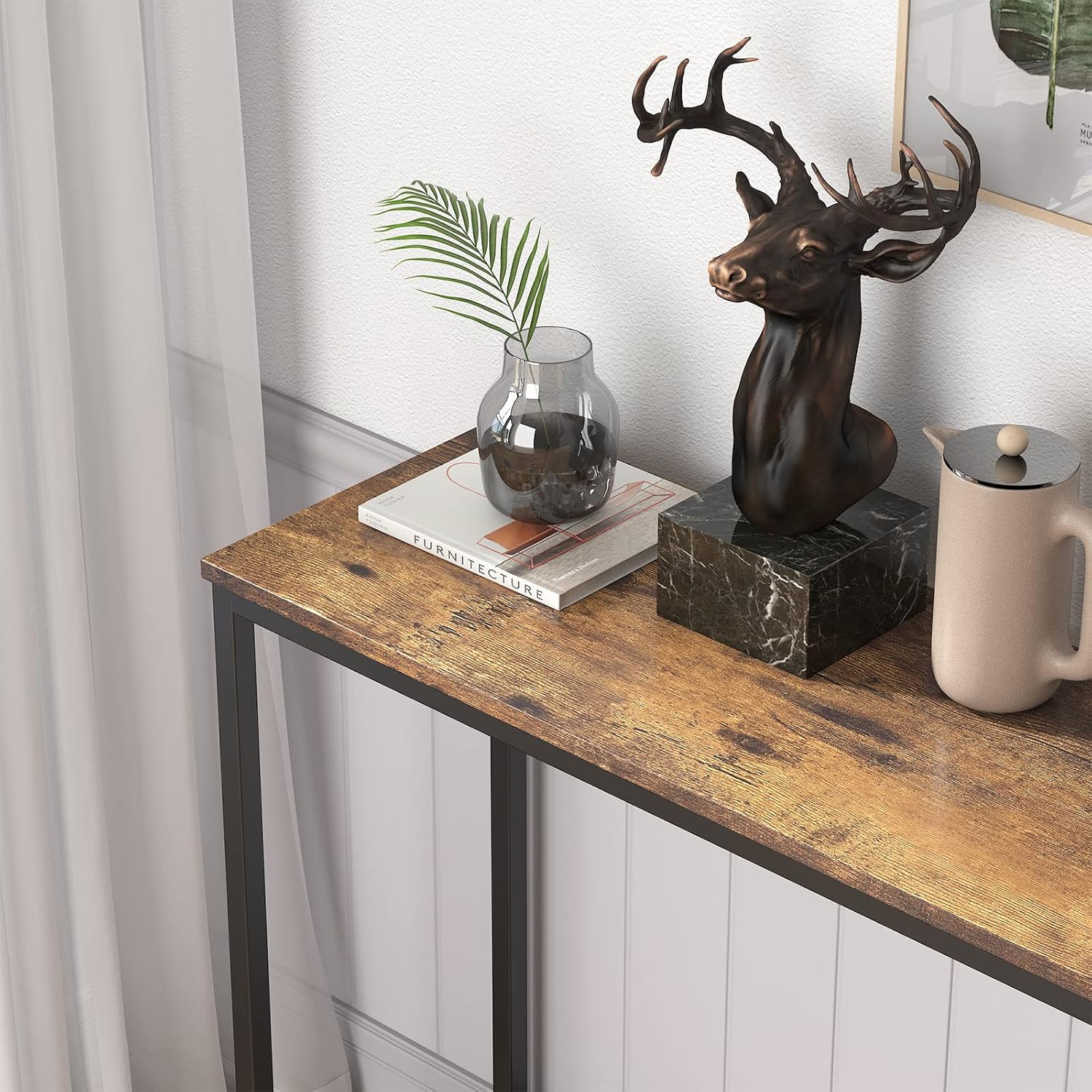 Industrial Brown Metal and Glass Console Table with Storage