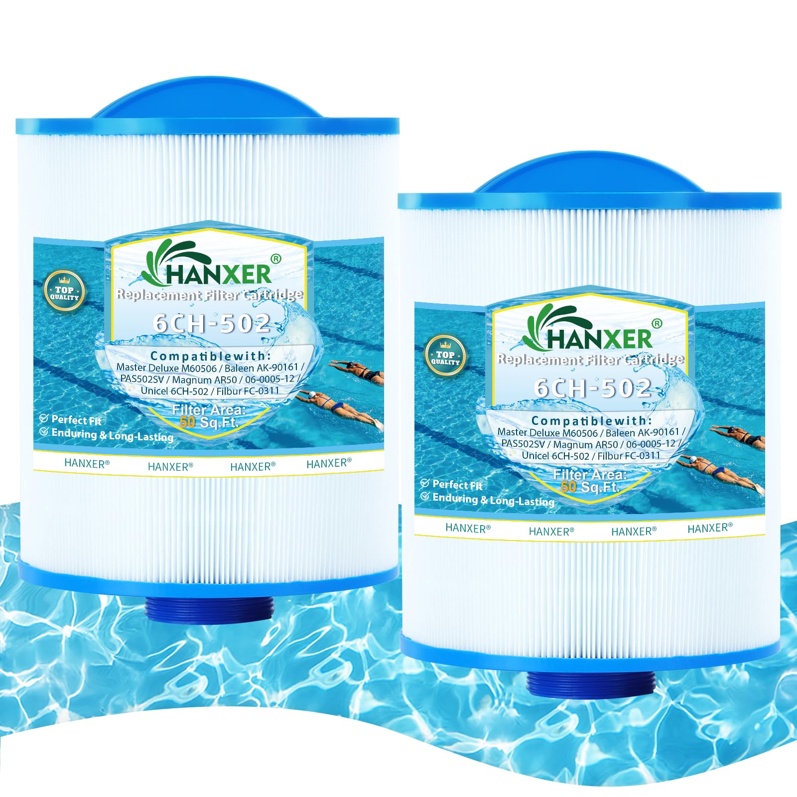 HANXER PAS50SV-F2M Spa Filter Cartridge Replaces for Unicel 6CH-502, Filbur FC-0311, PAS502SV, AK-90161, PAS50, M60506, XLS-604, Darlly 60506 Hot Tub Filter, 50 sq.ft Artesian Spas, 2 Pack