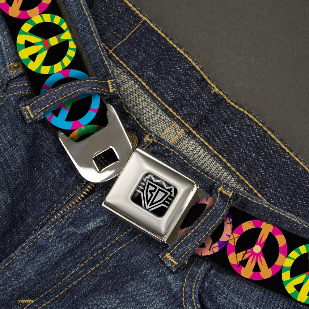 Buckle-Down Belt, Seatbelt Buckle Belt, Peace Flowers Black Multi Color, 24 to 38 Inches