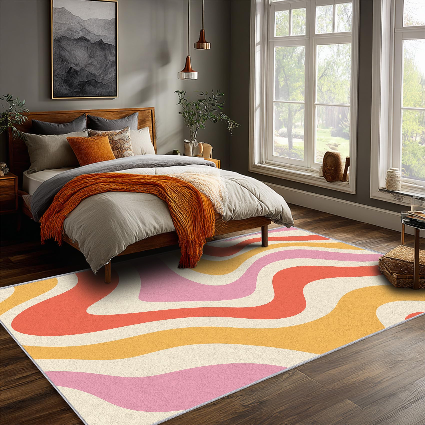 Generisch 70er Teppich 160 x 200 cm Wohnzimmer Mit Retro Vintage Abstrakt Textured Rosa Gelb Muster, 70er Bettvorleger Schlafzimmer Deko, Waschbar Teppiche Gegend Kurzflor rutschfest