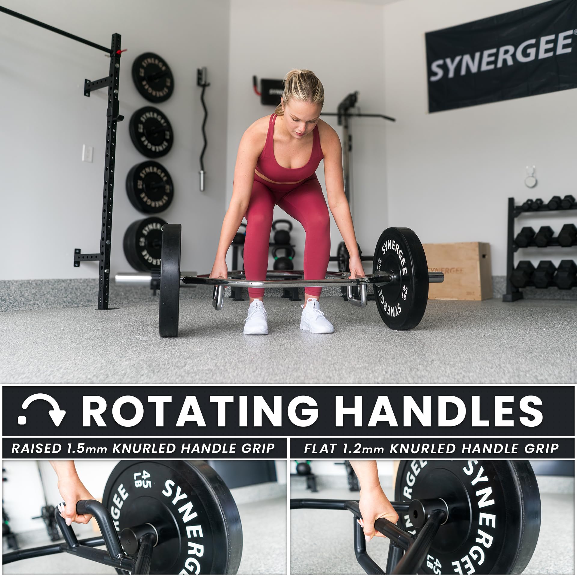 Synergee 20kg and 25kg Chrome or Black Olympic Hex Barbell Trap Bar with Rotating, Flat or Raised Handles for Squats, Deadlifts, Shrugs.