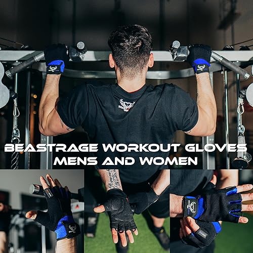 Miniatura 4 de BEAST RAGE Guantes de entrenamiento para hombres, guantes de gimnasio duraderos con agarre de palma para mujeres, medio dedo, elástico,