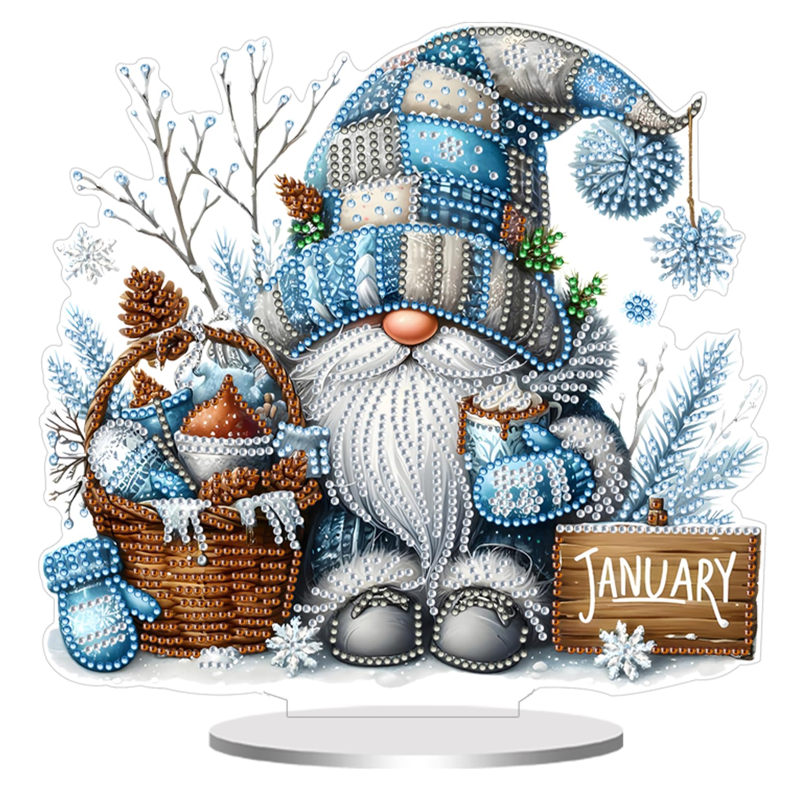Diamond Art Acrylic Gnome Tabletop Ornament Kit for Adults – 5D Special Shape DIY Desktop Decor Stand, Monthly Holiday Craft Gift(January Snowflakes Gnome)