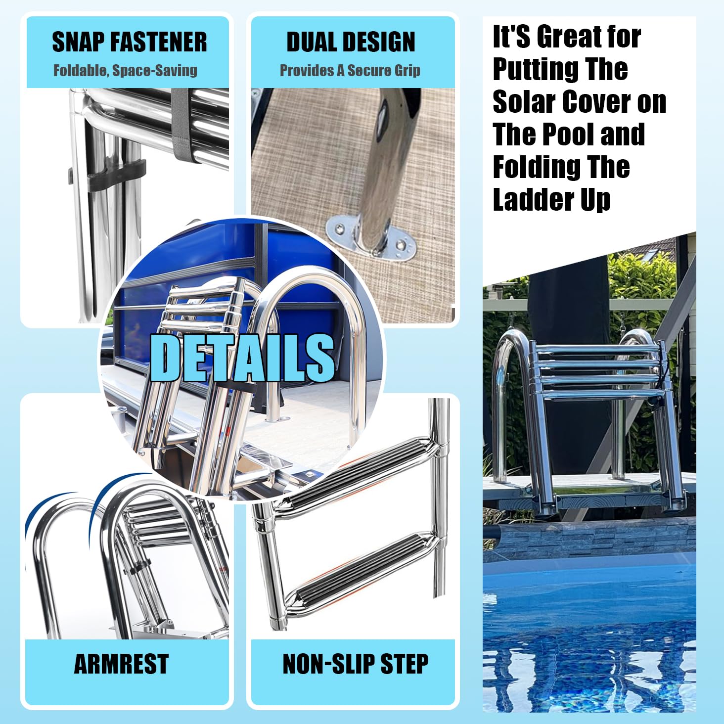 Scala Pieghevole per Piscina/Barca in 316 Inox Portata 200Kg | 4 Gradini Antiscivolo + Doppio Corrimano Arcuato, ideale sia per piscine domestiche che per barche, yacht e gommoni