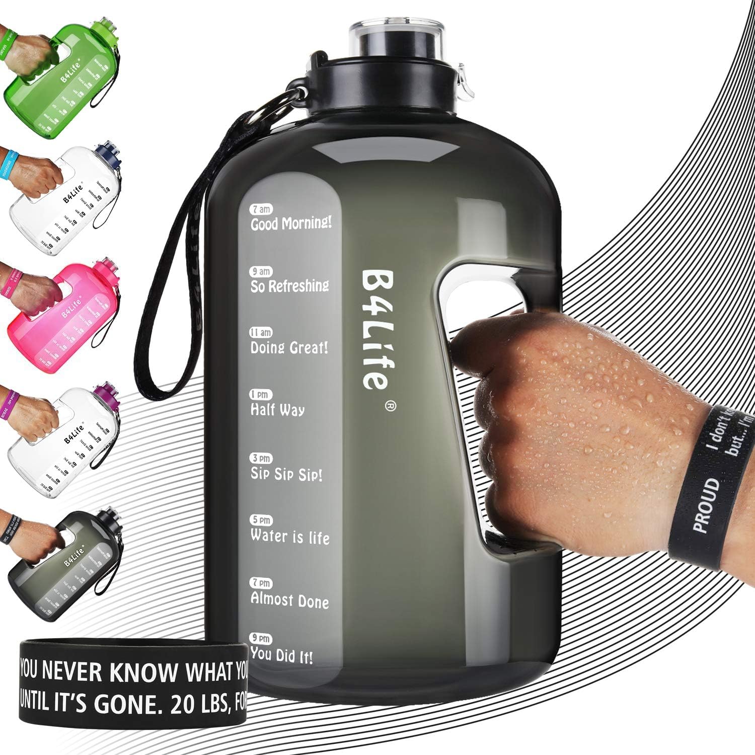 B4Life 3.78L Water Bottle with Time Marker, Motivational Wristband, Fitness Workout, Drink More Water Daily, Extra Large BPA-Free Water Bottle Leakproof with Flip Top-Proud