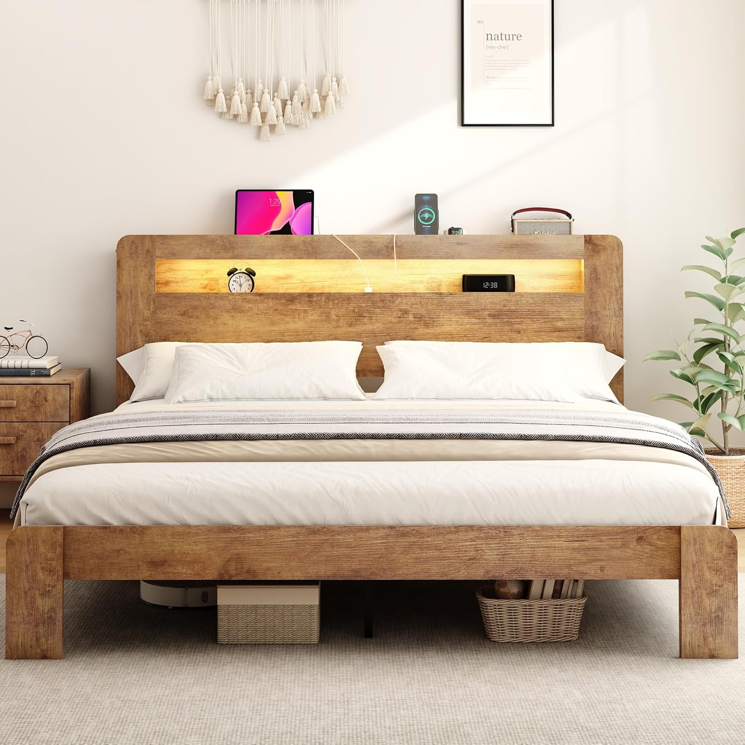 Decoholic King Size Bed Frame with Storage Headboard，Bookcase Shelf ， Charging Station & Led Lights, Solid and Stable, Noise Free,Rustic Farmhouse Sturdy Framework Wood Bedframe, Easy Assembly